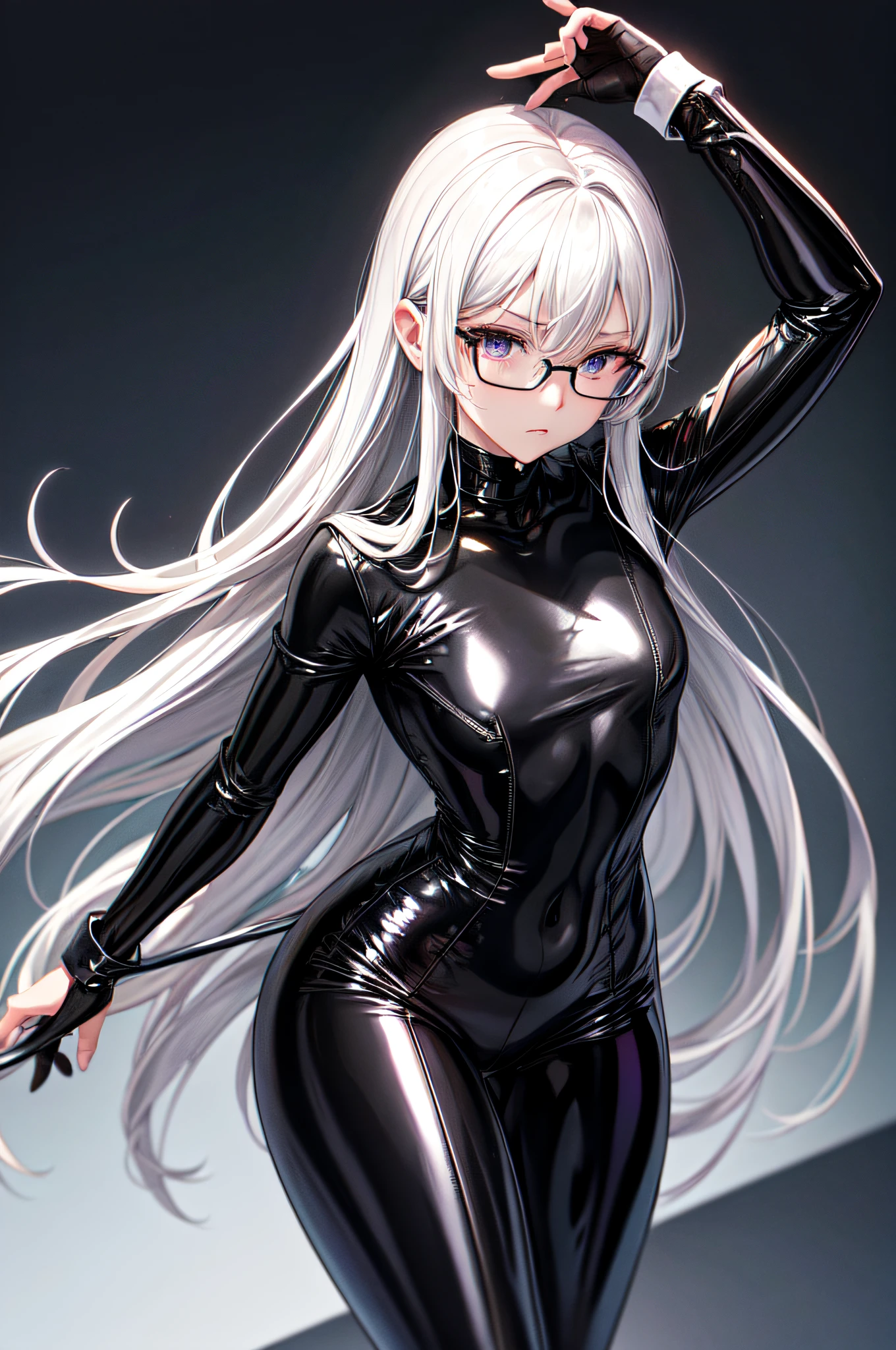 5 8K UHD、Silver-haired and small-nosed beauty in a shiny black rider suit with black shiny fingertips hiding skin up to the tips of black shiny fingertips wearing glasses is looking down with legs wide open、Late night city、Wearing a shiny black latex slider suit with hidden skin、Shiny black latex slider suit、Beautiful-nosed woman with one leg raised with expressionless eyes、Beauty with small nose with open legs、NSFW