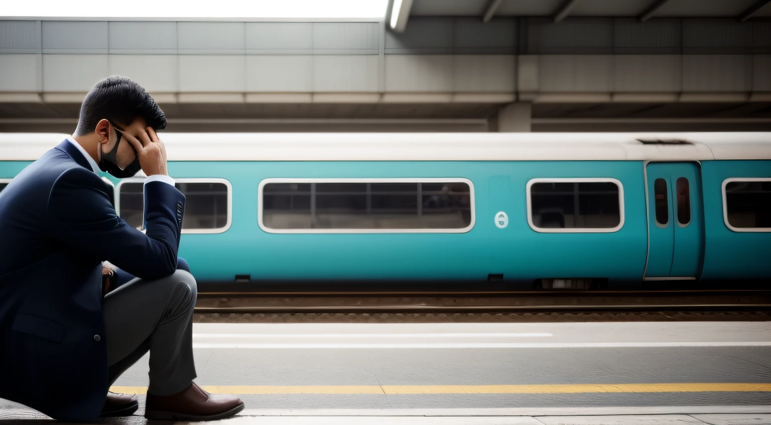 Illustrate a job seeker looking dejectedly at a departing train at the station, representando a perda de uma entrevista.