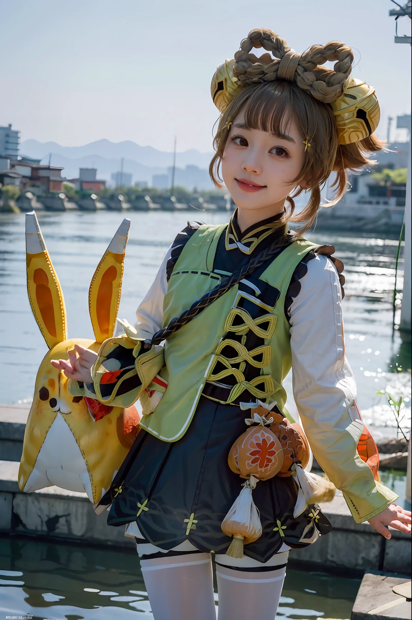 masutepiece, Best Quality, 8K分辨率、Raw photo、 Yaoyao \(GenshinImpact\), 1girl in,Hair Ornament,hair bell,Brown hair, Short hair,braid,Red Eyes,Long sleeves, chinese clothes, Dress,White pantyhose,greybackground, Simple background, Bag,stuffed animal, Smile