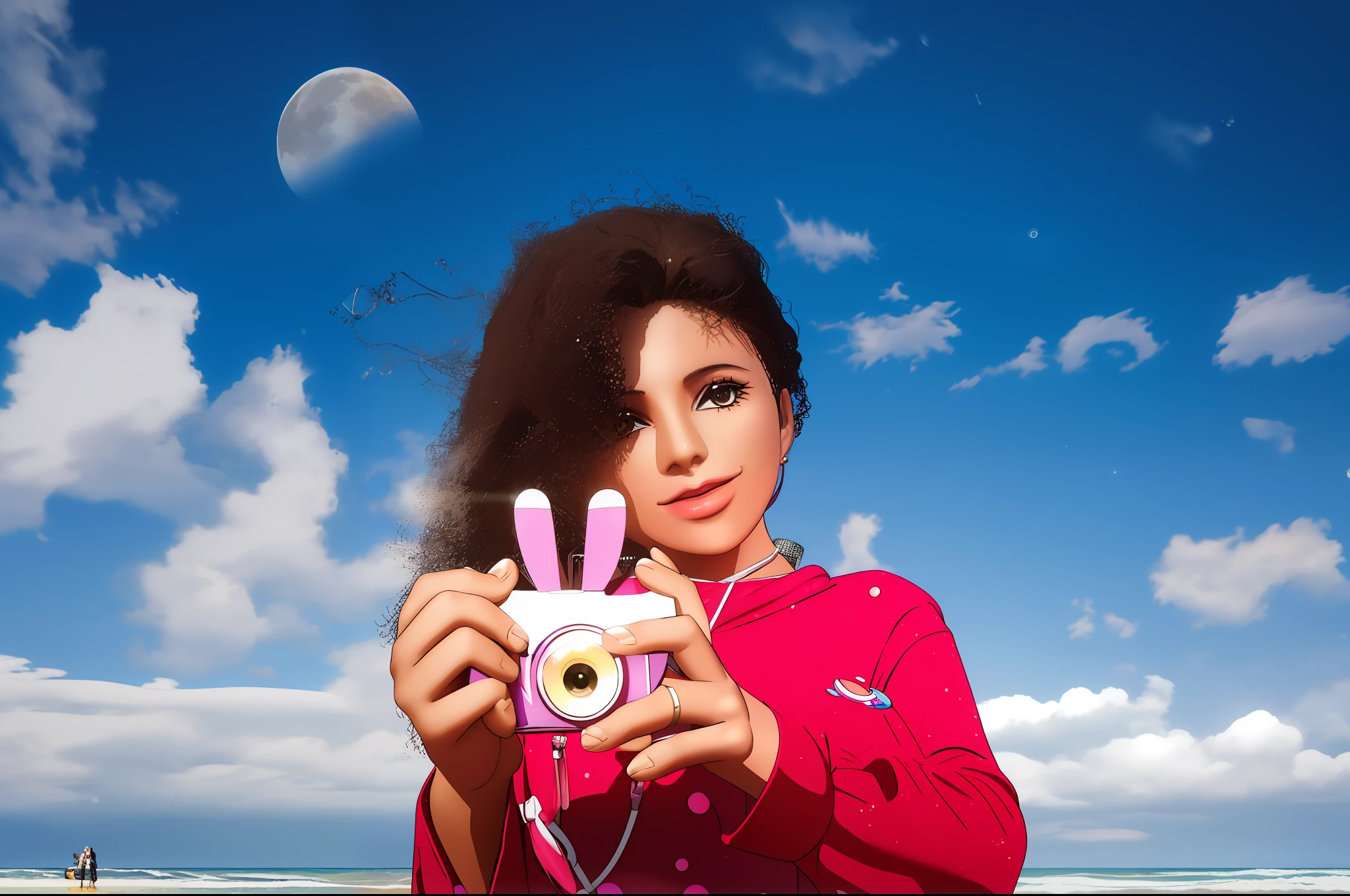 There's a young woman holding a camera on the beach, Foto tirada com Nikon D750, em frente a uma grande lua, Directed by: Etienne Delessert, garota, In front of the Moon, wave a hand at the camera, Disney, pixar, 3d