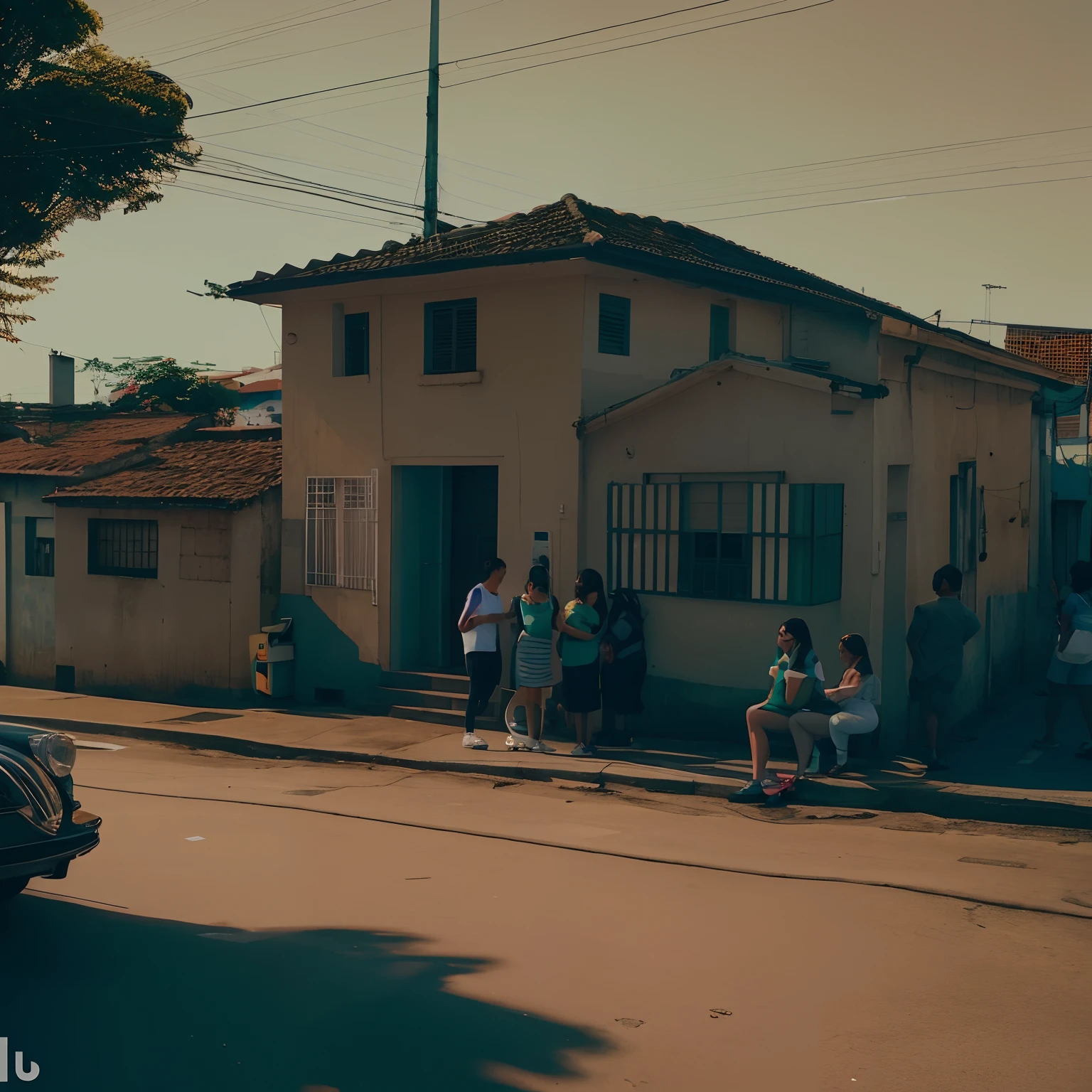 People are outside a small yellow building on a street, Directed by: Fernando Gerassi, Directed by: Nandor Soldier, Directed by: Elsa Bleda, historical image, Directed by: Xavier Blum Pinto, Directed by: Alexander Bogen, na rua, inspired by Antônio Parreiras, casa velha, Directed by: CeFerí Olivé, Directed by: Samuel Silva