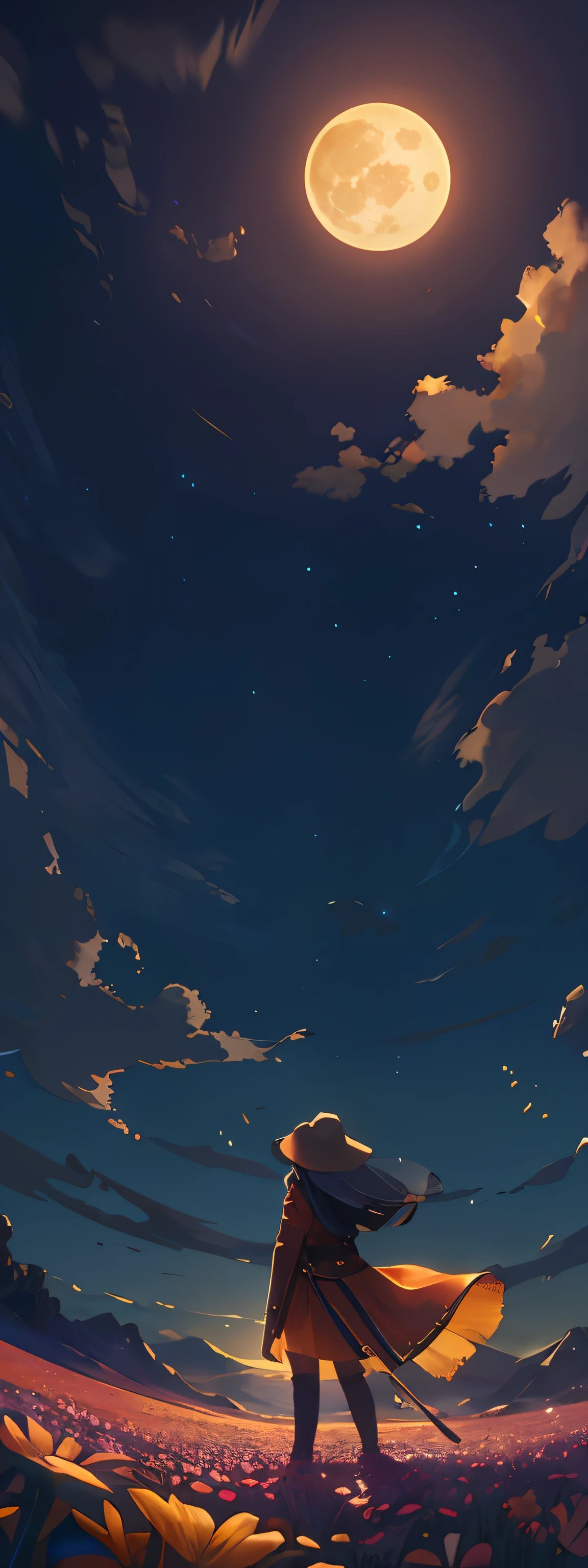 A wide landscape photo, (viewed from below, the sky is above, and the open field is below), a girl standing on a flower field looking up, (full moon: 1.2), (meteor: 0.9), (nebula: 1.3), distant mountains , Trees BREAK Crafting Art, (Warm Light: 1.2), (Firefly: 1.2), Lights, Lots of Purple and Orange, Intricate Details, Volumetric Lighting BREAK (Masterpiece: 1.2), (Best Quality), 4k, Ultra Detailed, (Dynamic Composition: 1.4), Rich in Detail and Color, (Rainbow Color: 1.2), (Glow, Atmospheric Lighting), Dreamy, Magical, (Solo: 1.2)