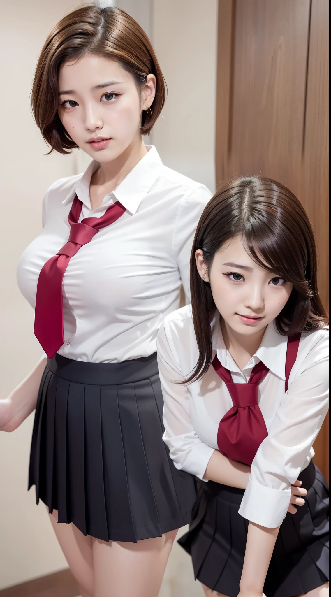 (8K), (Best Definition: 1.2), (Realistic), (Photorealistic: 1.37), Ultra High Definition, 1 Girl, Cute, Smile, Closed Mouth, Beautiful Details, Beautiful Nose, Full Body, Wet Hair, Colossal Darcefo, School Uniform, Thighs, Korean Beauties, 25 Years Old, Japan School Uniform, Shirt to Cleavage, K-pop Idol, Short Hairstyle, Short Shortcut, Brown and golden mesh hair color, red tie