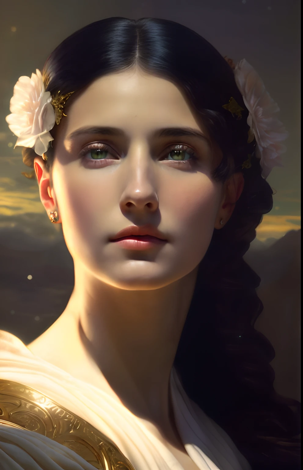 (((Saint Virgin Mary. 19 years old))) ((( Con una cara seria y piadosa. Con una mirada dulce y tierna))) (obra maestra, calidad superior, mejor calidad, arte oficial, beautiful and aesthetic: 1.2), (1girl), extremadamente detallado, (Arte fractal: 1.3), colorido, highest detailed, Cara perfecta, parte superior del cuerpo, HDR, (orando: 1.3), (golden lines of white coat: 1.2), galaxia, (rayas de luz), eye-catching visuals, (dynamic stripes, senderos luminosos: 1.2), colores vibrantes,