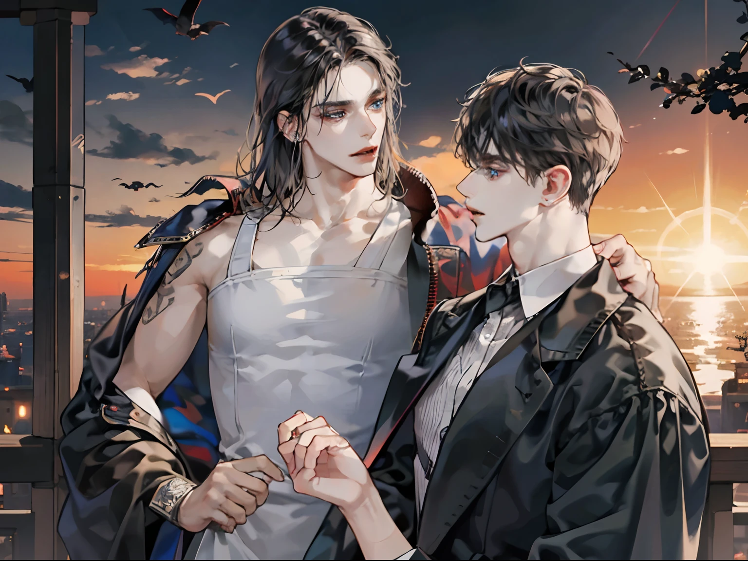 Two men, mascular, Masculine face, Attractive, musculous, ((1人)), tmasterpiece, absurderes, Best quality at best, Complicated details, (shiny skins, shining body, Shiny oily glowing skin, shinny hair, Pale complexion), the sunset, Attractive, (musculature)), AS-Adult, an Quority, tattoo on chest , Black shirt, 耳Nipple Ring, Black pantsuit, Not looking at the view, pelo rojo corto, Perfect and detailed face, Perfect and meticulous hands, Vampires, eBlue eyes, ((MLS)), Full body hugs