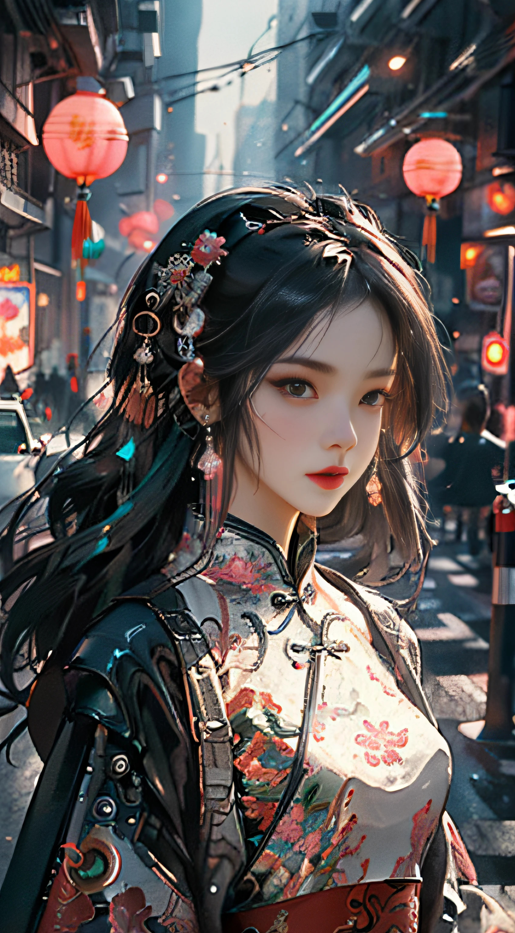 (Master Works :1.5), (Best picture quality :1.5), (Very Fine Detail, 8K, Wallpaper :1.3), Very Fine Detail, High contrast, Complex Detail, physics-based rendering, Best Composition, Whole body, Cyberpunk character Style, Dynamic Styling, 1 girl, Fine brown eyes, Eyeshadow, Makeup, long black hair, Detailed big eyes, looking at the audience, blush, full small lips, red lips, long hair :1.3, upper body, (standing), (Hair accessories :1.1), headwear, Chinese cheongsam, Cyberstyle Cheongsam, blue and pink cheongsam, (Cyberpunk Light :1.1), neon, all mechanical and futuristic elements, technology, the background is a traditional Chinese street, This street with no people, on the street with no people, paper lanterns, neon, Ultra high resolution, (Slim:1.2), dramatic lighting, vibrant detail, Deluxe Cyberpunk, Complex background, octane render, 8k, best quality, masterpieces, illustrations, extremely delicate and beautiful, Very detailed, CG, wallpaper, (realistic, realistic :1.37), Amazing, fine detail, masterpiece, best quality, official art, (Natta :1.5) cowboy shot