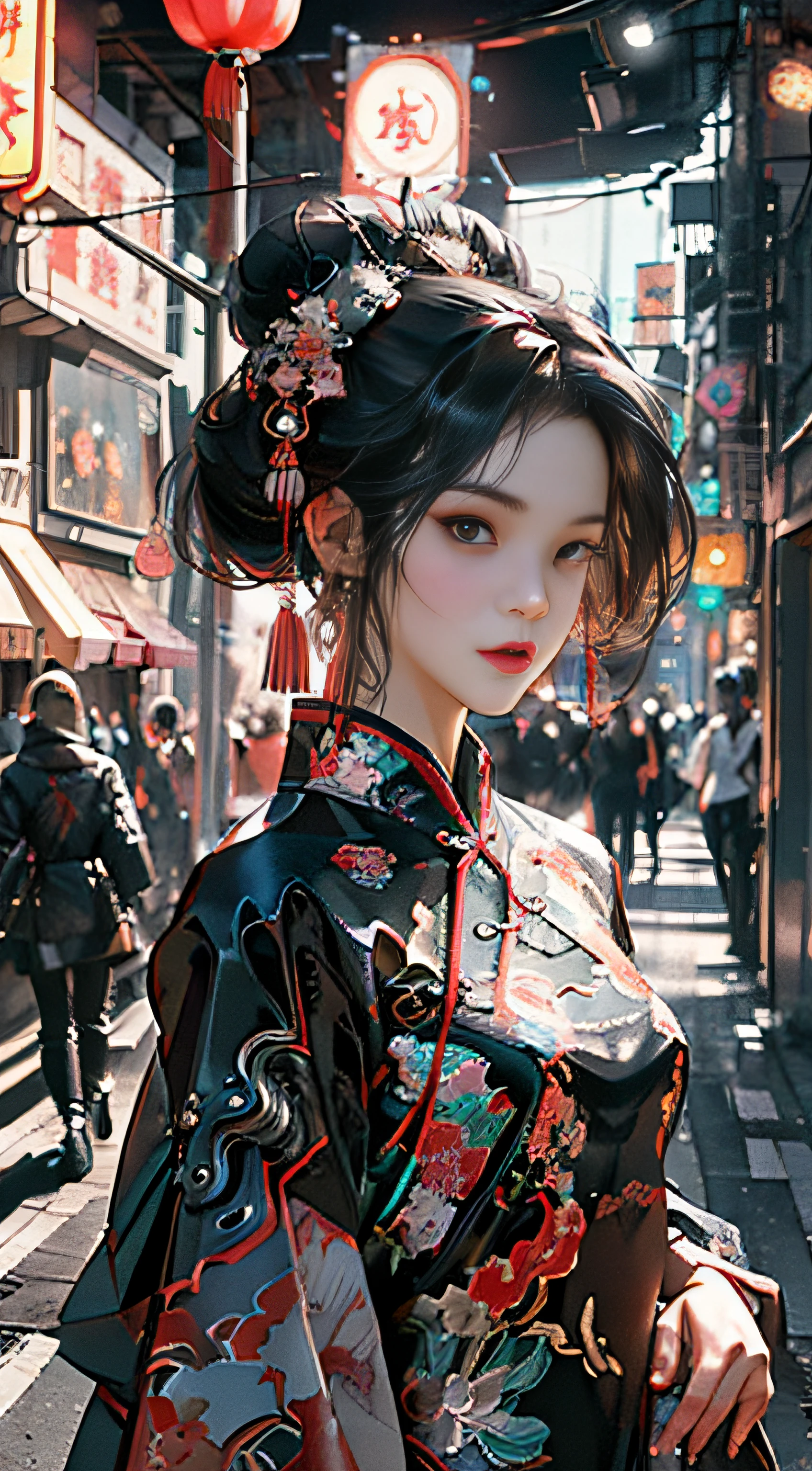 (Master Works :1.5), (Best picture quality :1.5), (Very Fine Detail, 8K, Wallpaper :1.3), Very Fine Detail, High contrast, Complex Detail, physics-based rendering, Best Composition, Whole body, Cyberpunk character Style, Dynamic Styling, 1 girl, Fine brown eyes, Eyeshadow, Makeup, long black hair, Detailed big eyes, looking at the audience, blush, full small lips, red lips, long hair :1.3, upper body, (standing), (Hair accessories :1.1), headwear, Chinese cheongsam, Cyberstyle Cheongsam, blue and pink cheongsam, (Cyberpunk Light :1.1), neon, all mechanical and futuristic elements, technology, the background is a traditional Chinese street, This street with no people, on the street with no people, paper lanterns, neon, Ultra high resolution, (Slim:1.2), dramatic lighting, vibrant detail, Deluxe Cyberpunk, Complex background, octane render, 8k, best quality, masterpieces, illustrations, extremely delicate and beautiful, Very detailed, CG, wallpaper, (realistic, realistic :1.37), Amazing, fine detail, masterpiece, best quality, official art, (Natta :1.5) cowboy shot
