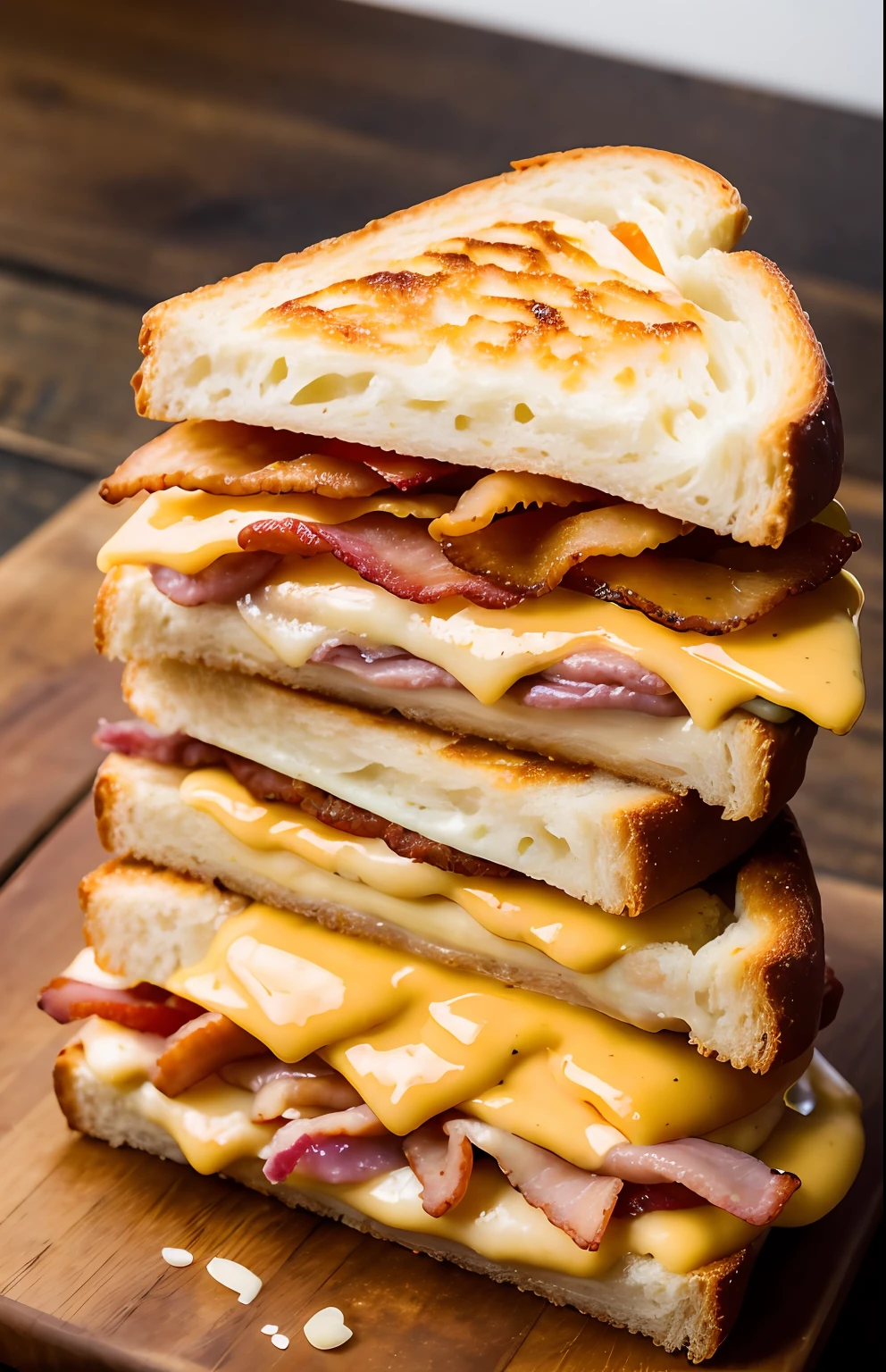 photo of a finger-licking sandwich with extra bacon, (Rustic restaurant background)+, pan de semillas, queso pepper jack, (detalles intrincados: 1.12), hdr, (detalles intrincados, hiperdetallados: 1.15) 8k realista