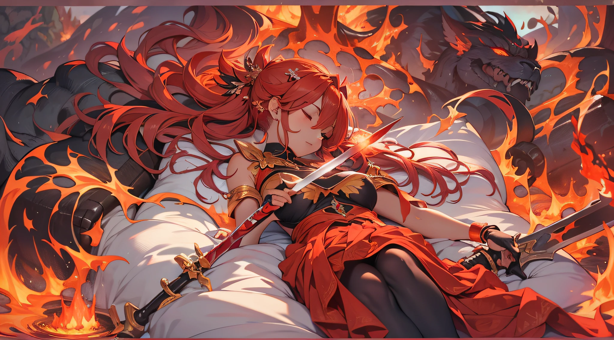 Beautiful goddess with fiery red hair and long flames sleeping in a bed of bright red lava with a flaming sword in her chest、​masterpiece、realisitic