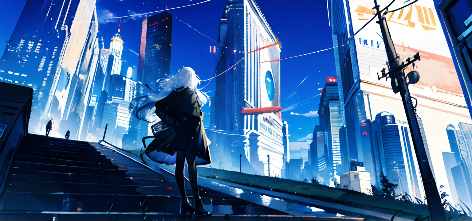 ((best quality)), ((masterpiece)), ((ultra-detailed)), (illustration), (detailed light), (an extremely delicate and beautiful), sky, star (sky), starry sky, scenery, outdoors, 1girl, crescent moon, cloud, night, fashionable clothes, bag,  night sky, sign, big city building, standing,long hair, solo, white hair, facing away, power lines, utility pole,full body, black legwear,