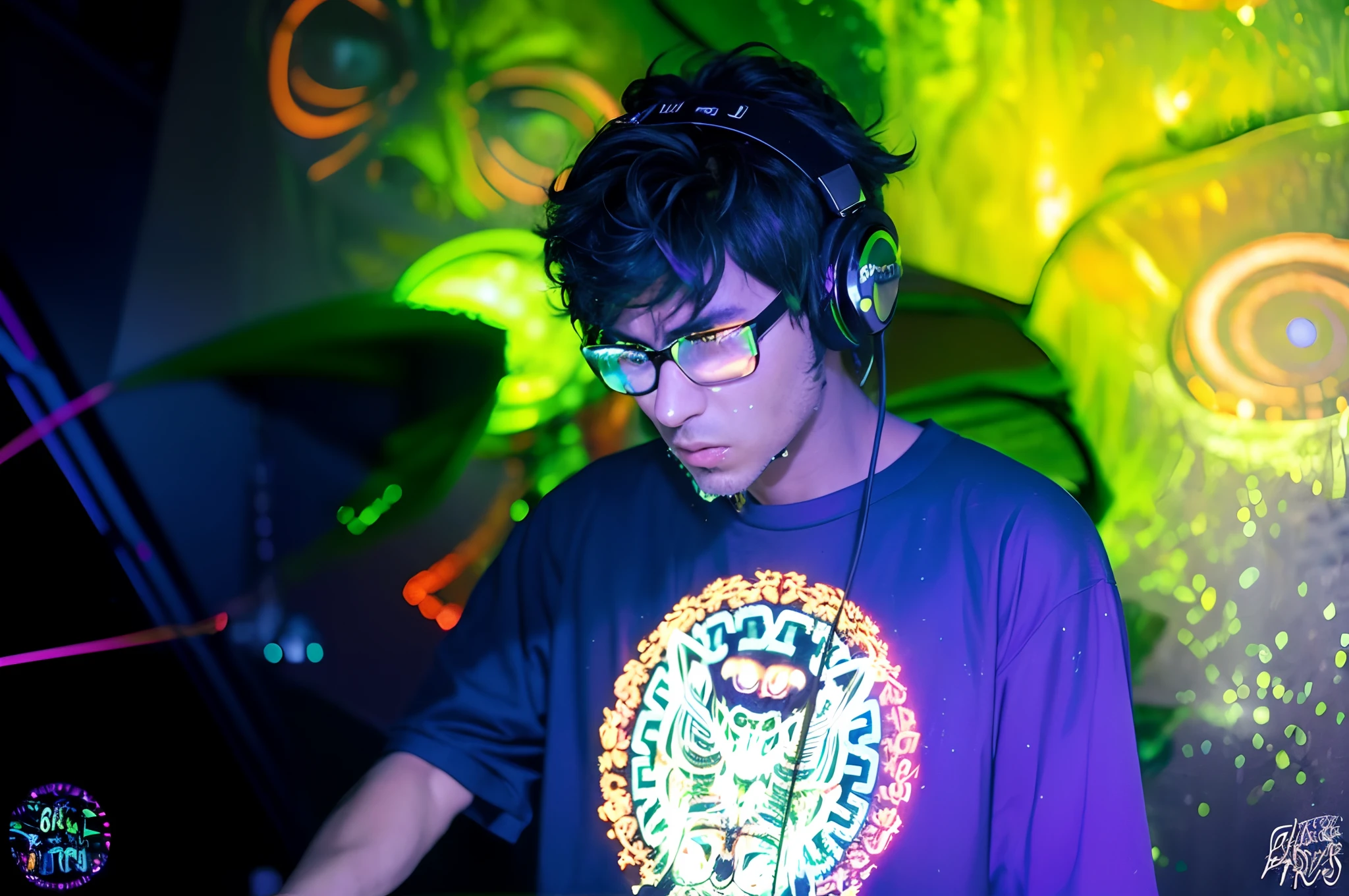 arafed man in a black shirt and headphones playing a dj, profile picture 1024px, psytrance, raphael personnaz, dj, headphones dj rave, raver, dj sura, deiv calviz, acidwave, psytrance artwork, cyber punk setting, dj at a party, aura jared and wires, mid shot portrait, techno mystic