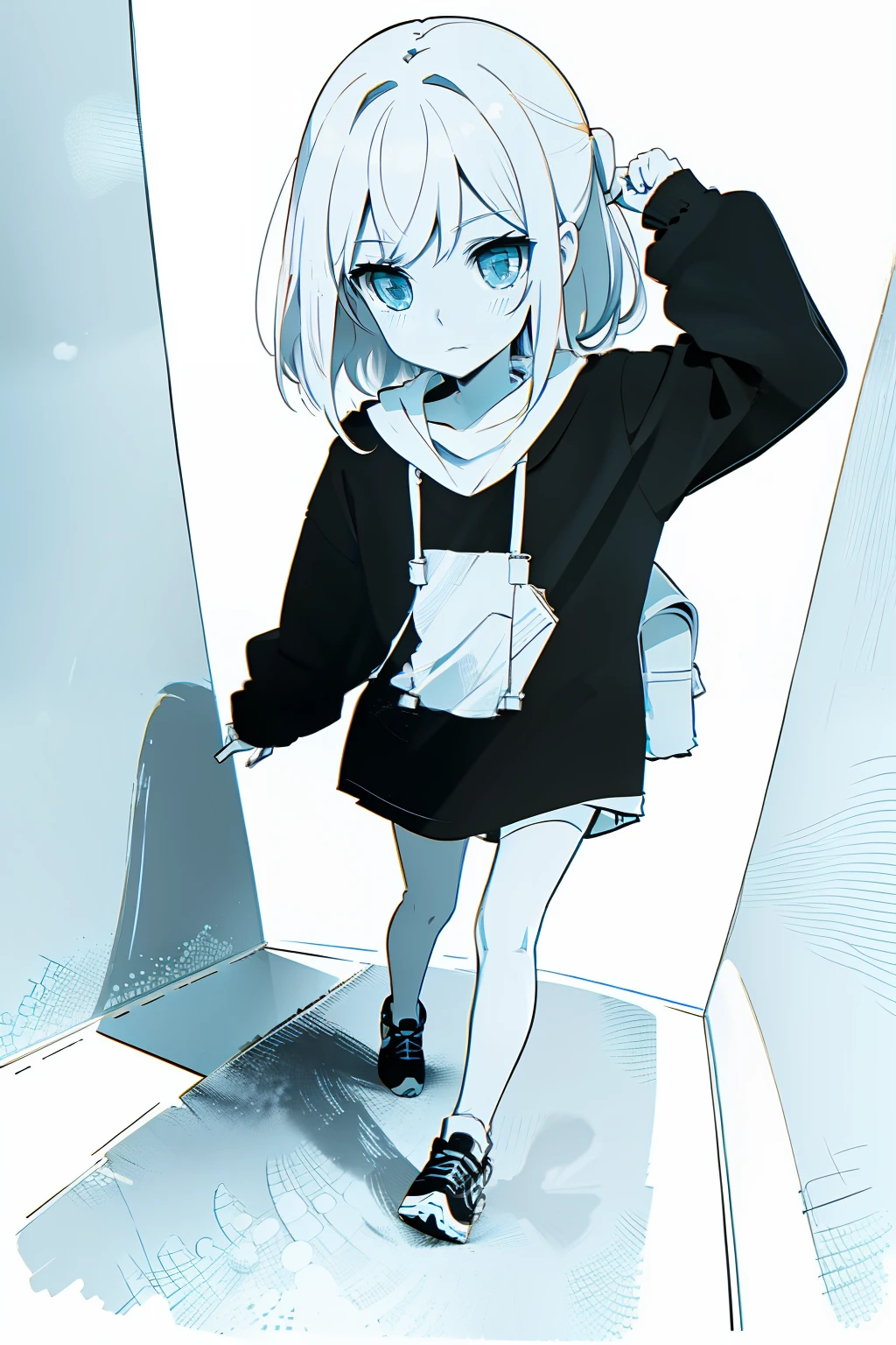 small girl running up a flight of stairs at home, light colored hair, manga style, black and white ink, camera behind character facing back