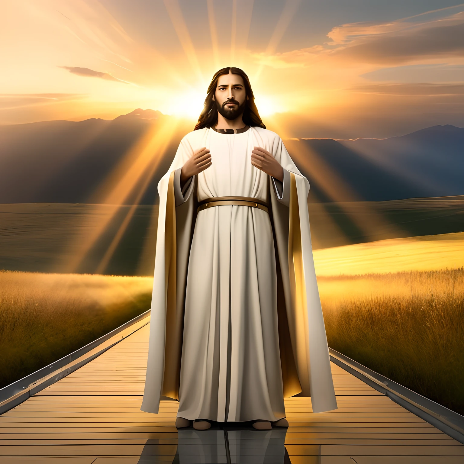 arafed image of jesus standing on a walkway in a field, jesus christ, god sun rays, holy sacred light rays, jesus, dressed like jesus christ, with backdrop of god rays, he is greeting you warmly, jesus walking on water, the lord and savior, bright light masterpiece, glowing god rays, young almighty god, jesus of nazareth, second coming