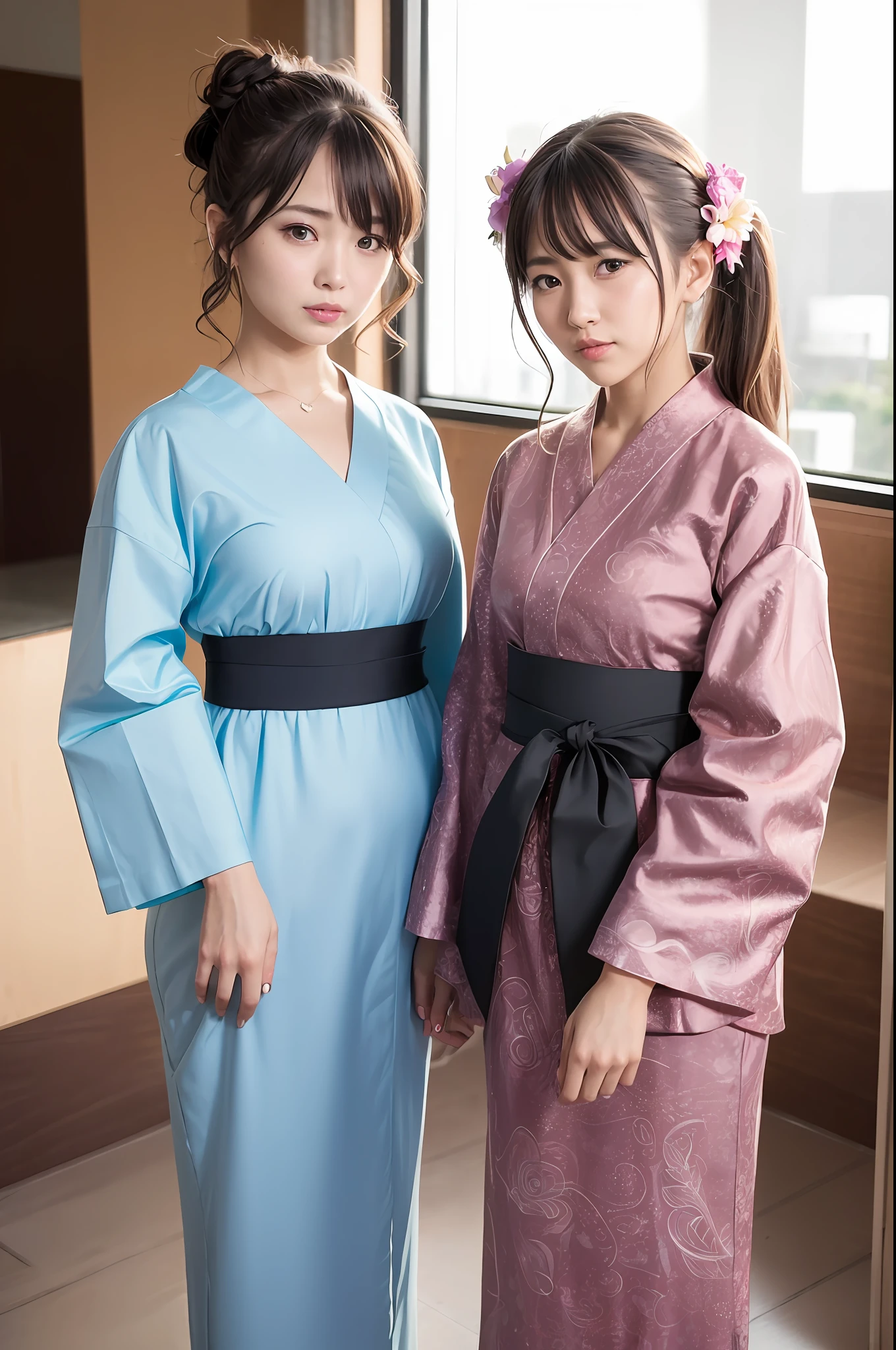 ((two girls,duo,Filigree Ribbon, Details First, Painted Rendering)), Multi-layer drawing, Imperial Kimono, Blooming of Flowers, Highlight Display, (Araffe, Sakimi Zen, Shiori Teyogi, Shiki, Shiki, Mishinyo, Harumi, Shiki, Hatta Hana) Wearing multicolored yukata together, presenting anthropomorphic features.