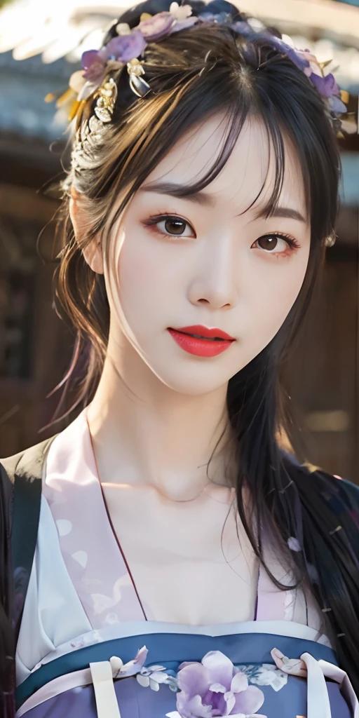 Masterpiece, black_hair, 1 girl, looking at the audience, long_hair, nail_polish, solo, ancient art, Chinese, (8k, best quality, masterpiece: 1.2), (realistic, realistic:1.2), (background sky: 1.2), (bust photo: 1.7), looking at the audience, hanfu, 1girl, (purple flower pine ink: 1.1), face close-up, detailed face, hanfu, tang system, chest-length skirt, pleated skirt，cinematic lighting, motion blur, ray tracing, god rays, bloom, drop shadow, close-up, lens flare, UHD, masterpiece, ccurate, anatomically correct, textured skin, super detail, high details, high quality, award winning, best quality, highres, 16k, HD, accurate, correct hand, (anatomically correct: 1.5),