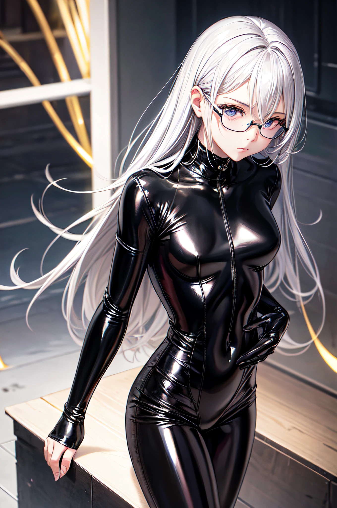 5 8K UHD、Silver-haired and small-nosed beauty in a shiny black rider suit with black shiny fingertips hiding skin up to the tips of black shiny fingertips wearing glasses is looking down with legs wide open、Late night city、Wearing a shiny black latex slider suit with hidden skin、Shiny black latex slider suit、Beautiful-nosed woman with one leg raised with expressionless eyes、Beauty with small nose with open legs、NSFW