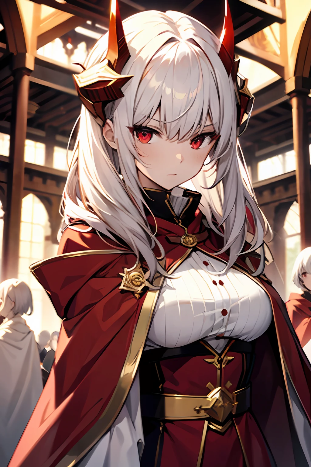 Graue Haut, White hair, Red robes with gold decorations, small horns, Rote Augen, Rote Flamme, Magier, 1girls, mid large breasts