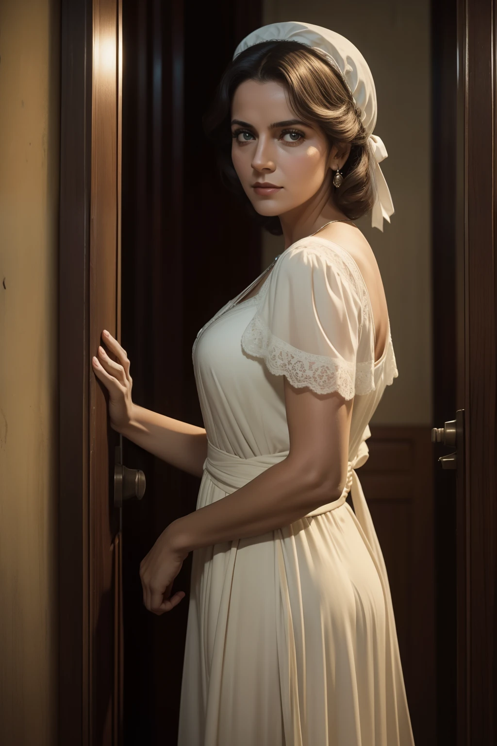 uma mulher branca de 40 anos, em 1930, no interior do Brasil, Color photo of the time, cinemactic, 8k
