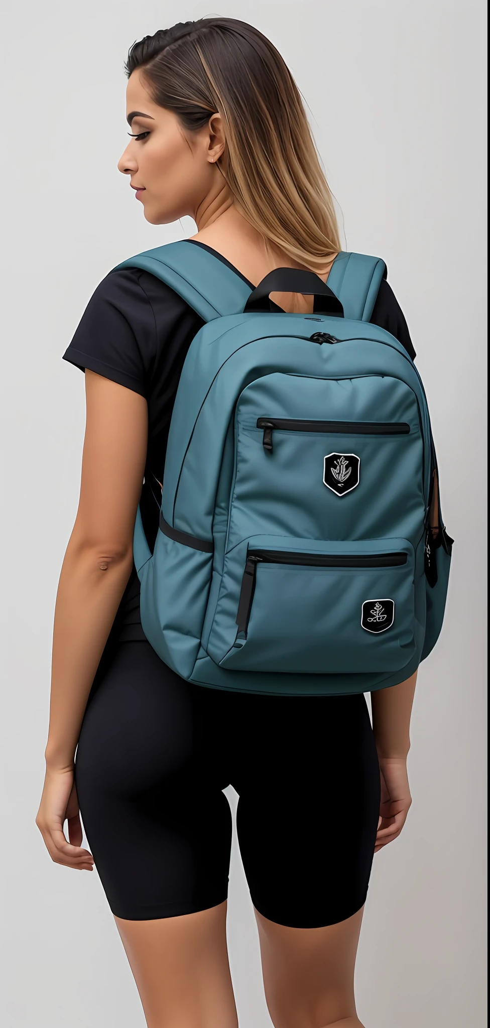 Uma mulher linda de camisa preta e bermuda ((defined buttocks)) ((cintura fina e quadril grosso)) is carrying a blue backpack, mochila, uma mochila, voltar - ver, 🤬 🤮 💕 🎀, com dois bolsos frontais, com uma mochila, o homem tem uma mochila, mochila quadrada, rear facing, Sacos, saco sobre a cintura, Directed by: Siona Shimshi, roupas esportivas, back pose, De volta virada