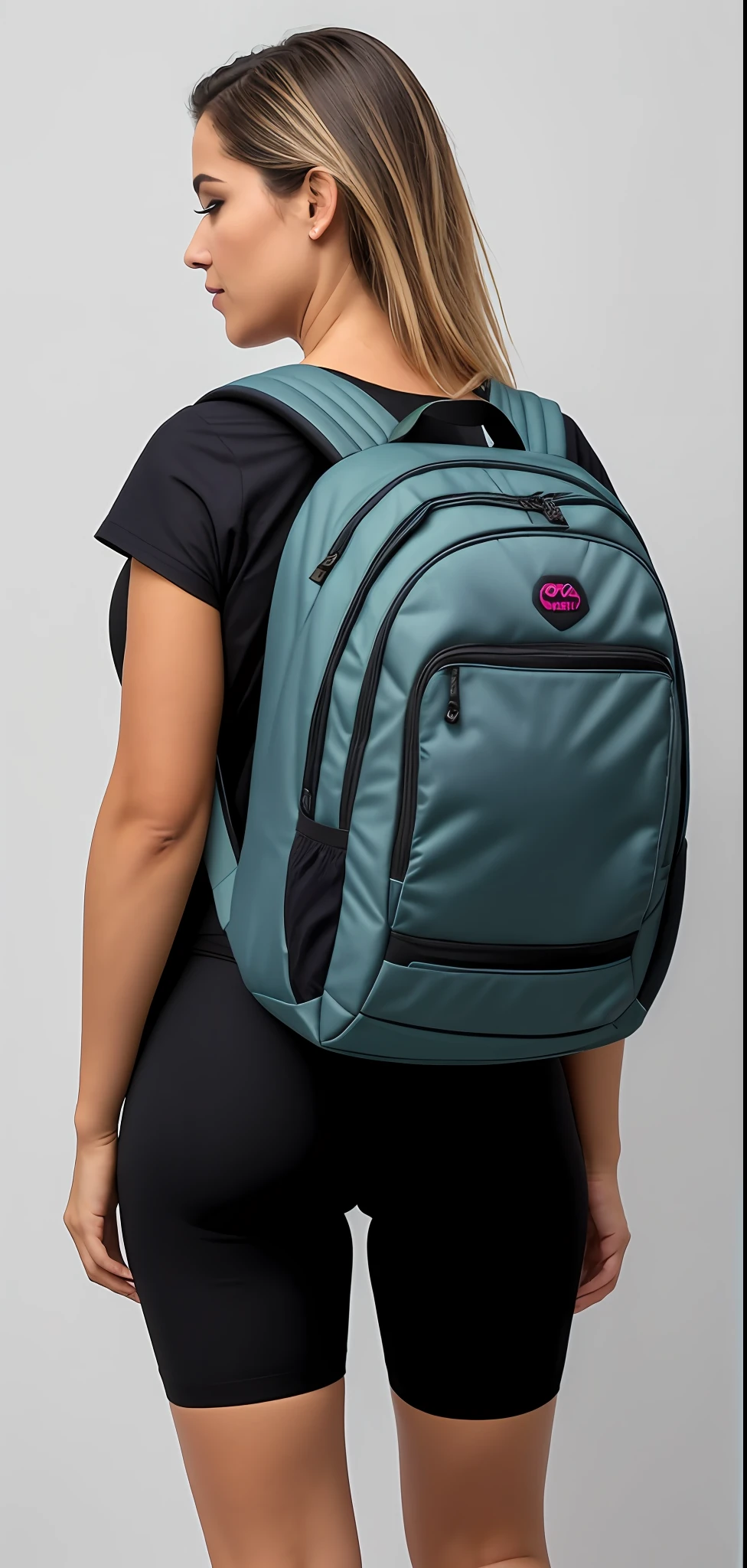 Uma mulher linda de camisa preta e bermuda ((defined buttocks)) ((cintura fina e quadril grosso)) is carrying a blue backpack, mochila, uma mochila, voltar - ver, 🤬 🤮 💕 🎀, com dois bolsos frontais, com uma mochila, o homem tem uma mochila, mochila quadrada, rear facing, Sacos, saco sobre a cintura, Directed by: Siona Shimshi, roupas esportivas, back pose, De volta virada