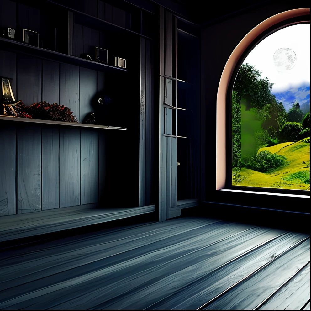Interior of a dark house，There is a huge window，Through the window, You can see the huge blood-colored moon outside