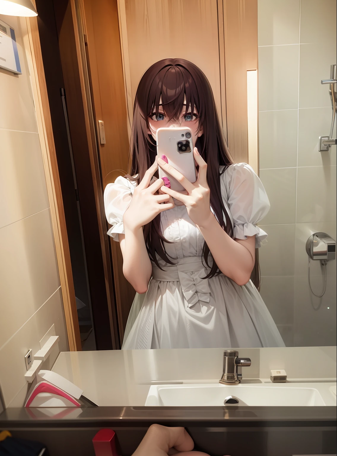 there is a woman taking a selfie in a bathroom mirror, belle delphine, 2263539546], ulzzangs, loli in dress, Anime girl in real life, 8K selfie photos, sakimichan, long whitr hair，Thick bangs, Anime girl cosplay, Middle metaverse, 8K))