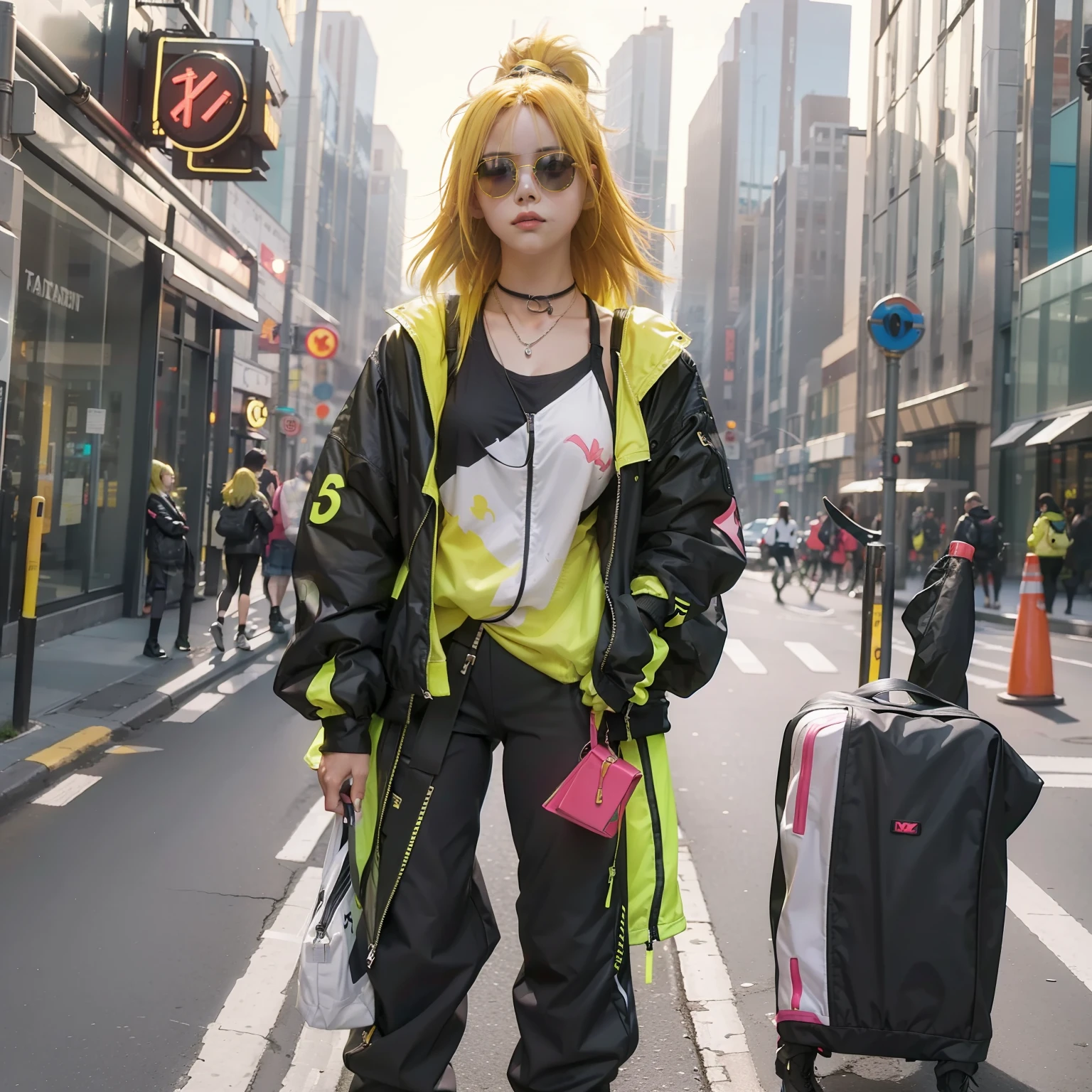 Girl with yellow hair and neon sunglasses, posing in the street, wearing fashionable neon jacket and leggings, detailed image