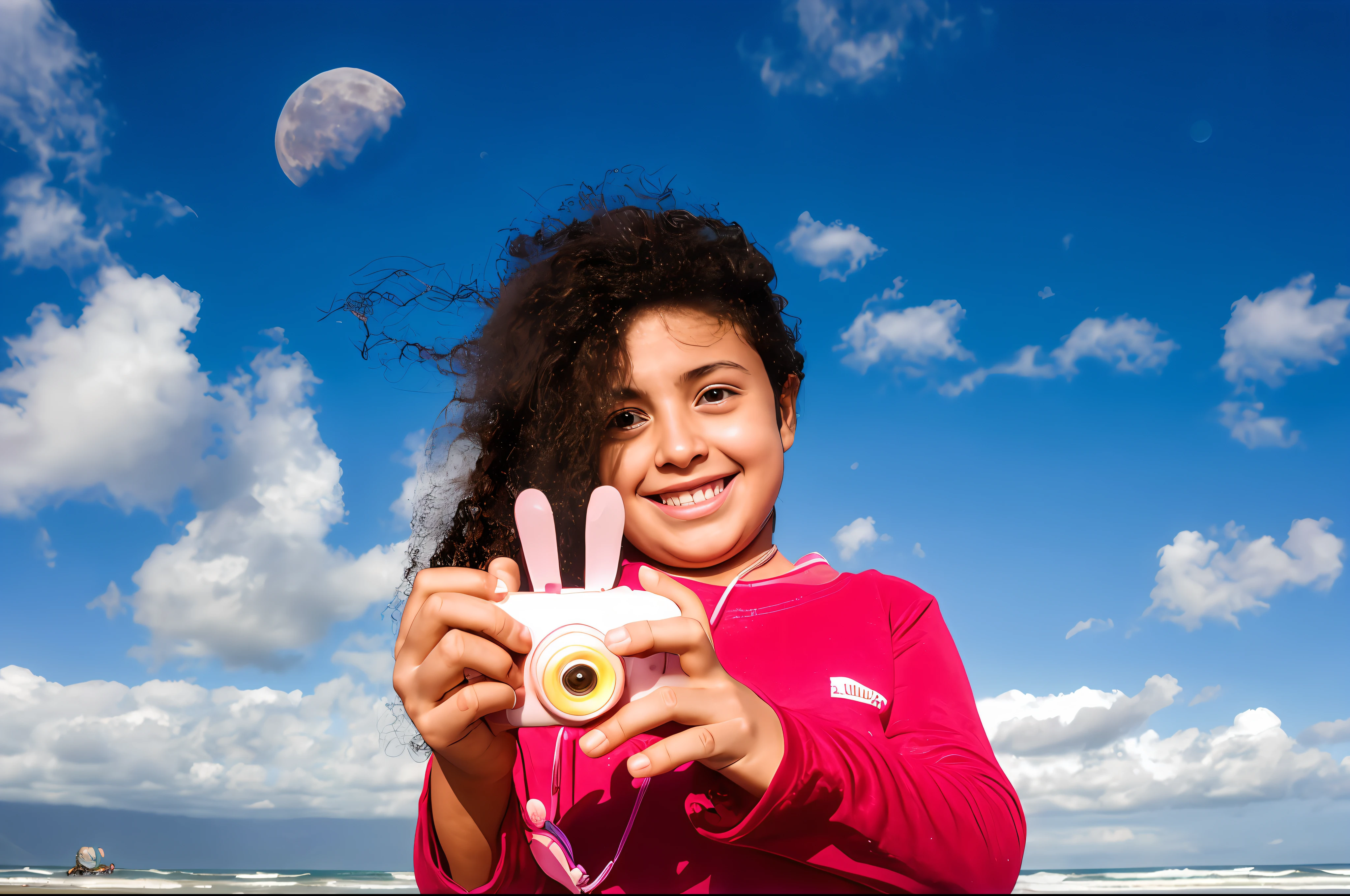 there's a little girl of 7 years, sorrindo, feliz, cabelos cacheados pretos, Holding a camera on the beach, Foto tirada com Nikon D750, em frente a uma grande lua, Directed by: Etienne Delessert, garota, In front of the Moon, wave a hand at the camera, Disney, pixar, 3d