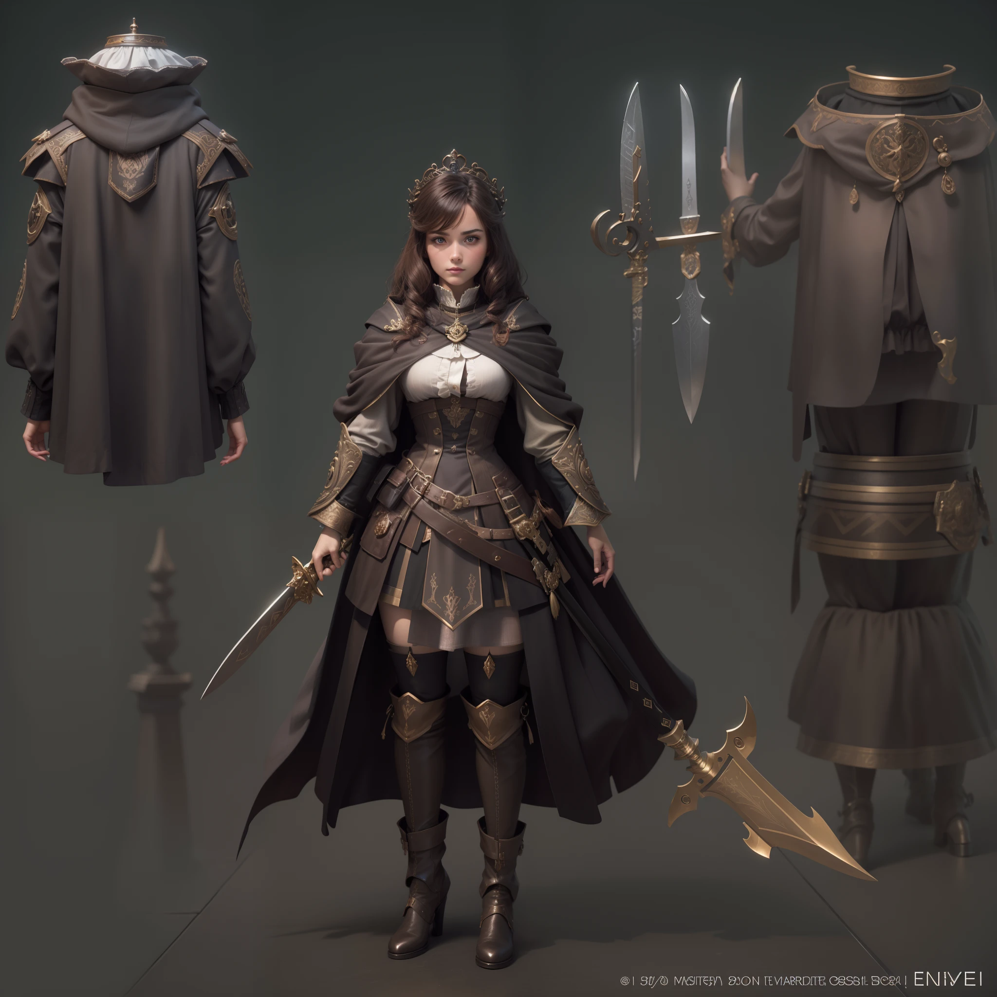 tmasterpiece,high qulity,3d,8k ,Complicated details,cavalier,short skirt,full bodyesbian,femele,brunette color hair,giant sword,boot,Cloak,diadems,nobles