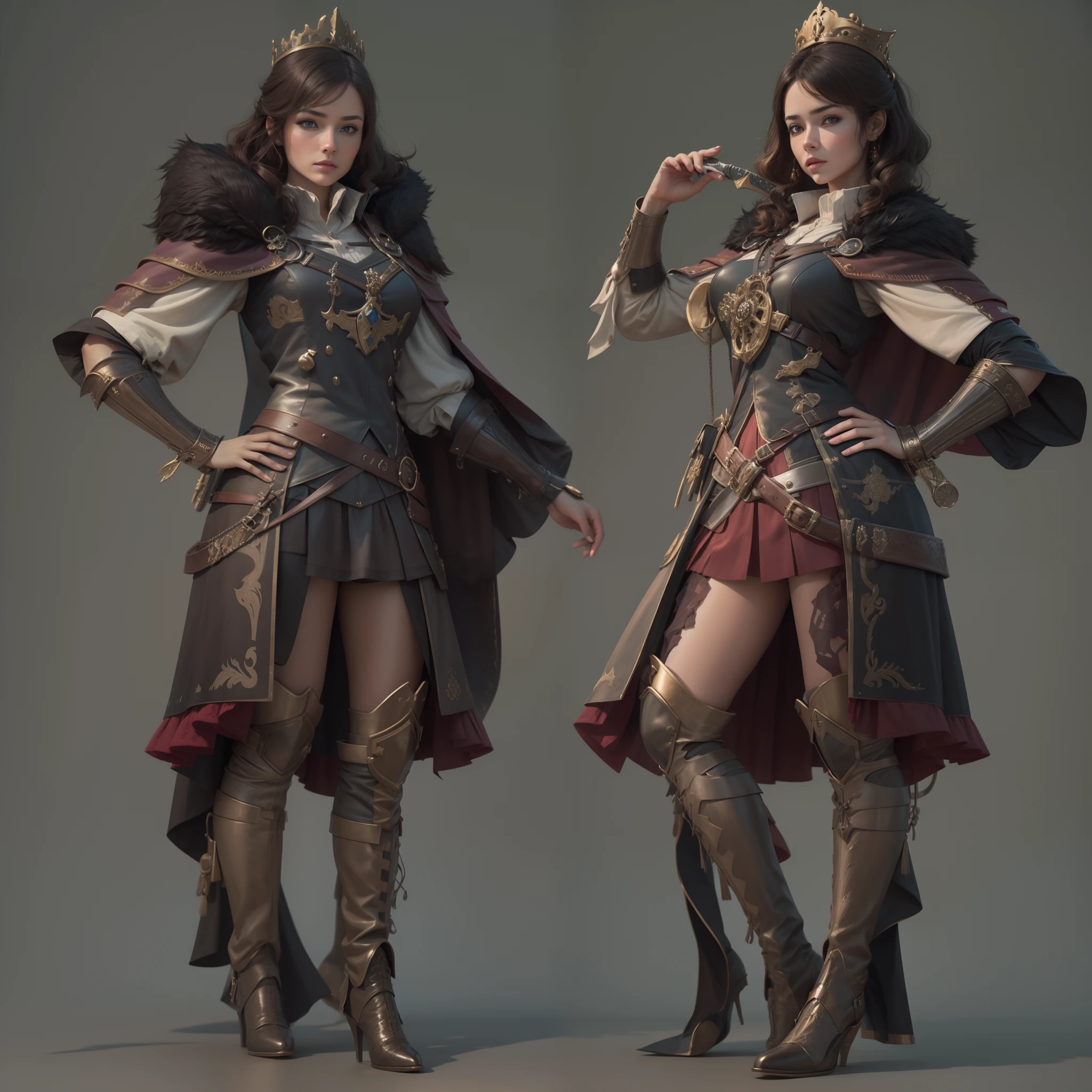 tmasterpiece,high qulity,3d,8k ,Complicated details,cavalier,short skirt,full bodyesbian,femele,brunette color hair,giant sword,boot,Cloak,diadems,nobles