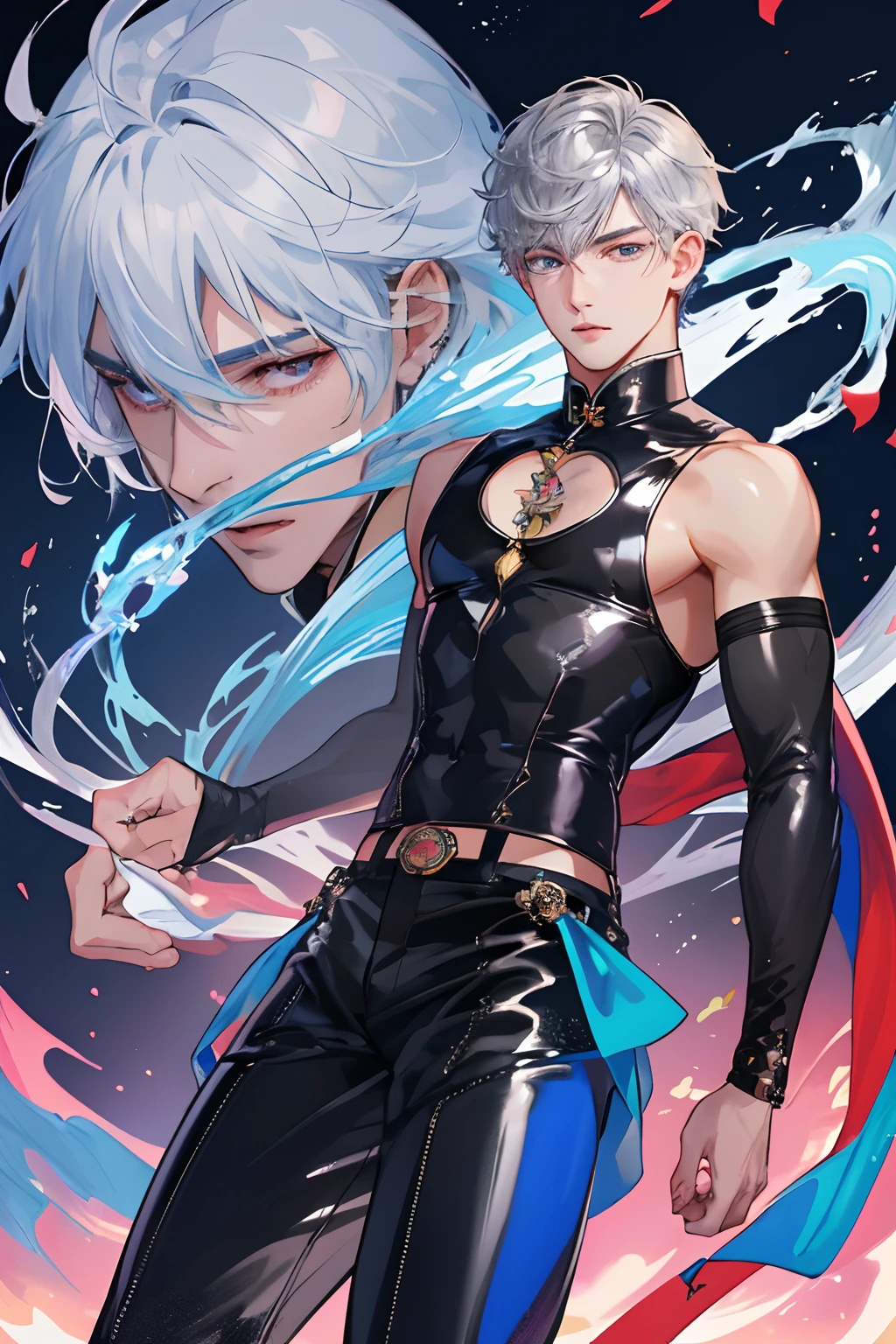 Two boy， （tmasterpiece）， beaturiful body， Models， 详细的脸， Detailed skins， frontage， unzoom， Super detailed drawing， Luminism， 复杂， Art germ， Silver Claw， Magical Boy， Naoko Takeuchi， full clothing， Leather pants， Studded stylish strap waistband