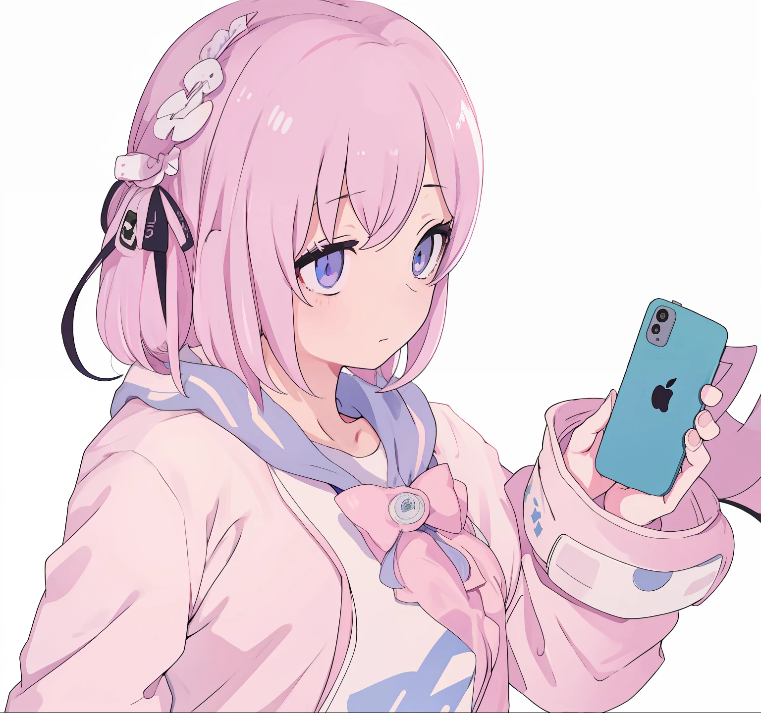 Chica anime, Cabello rotristeo corto, ojos azules, sudadera con capucha rosa, Holding a phone, Looking at your phone, triste, llanto, fondo blanco, gargantilla