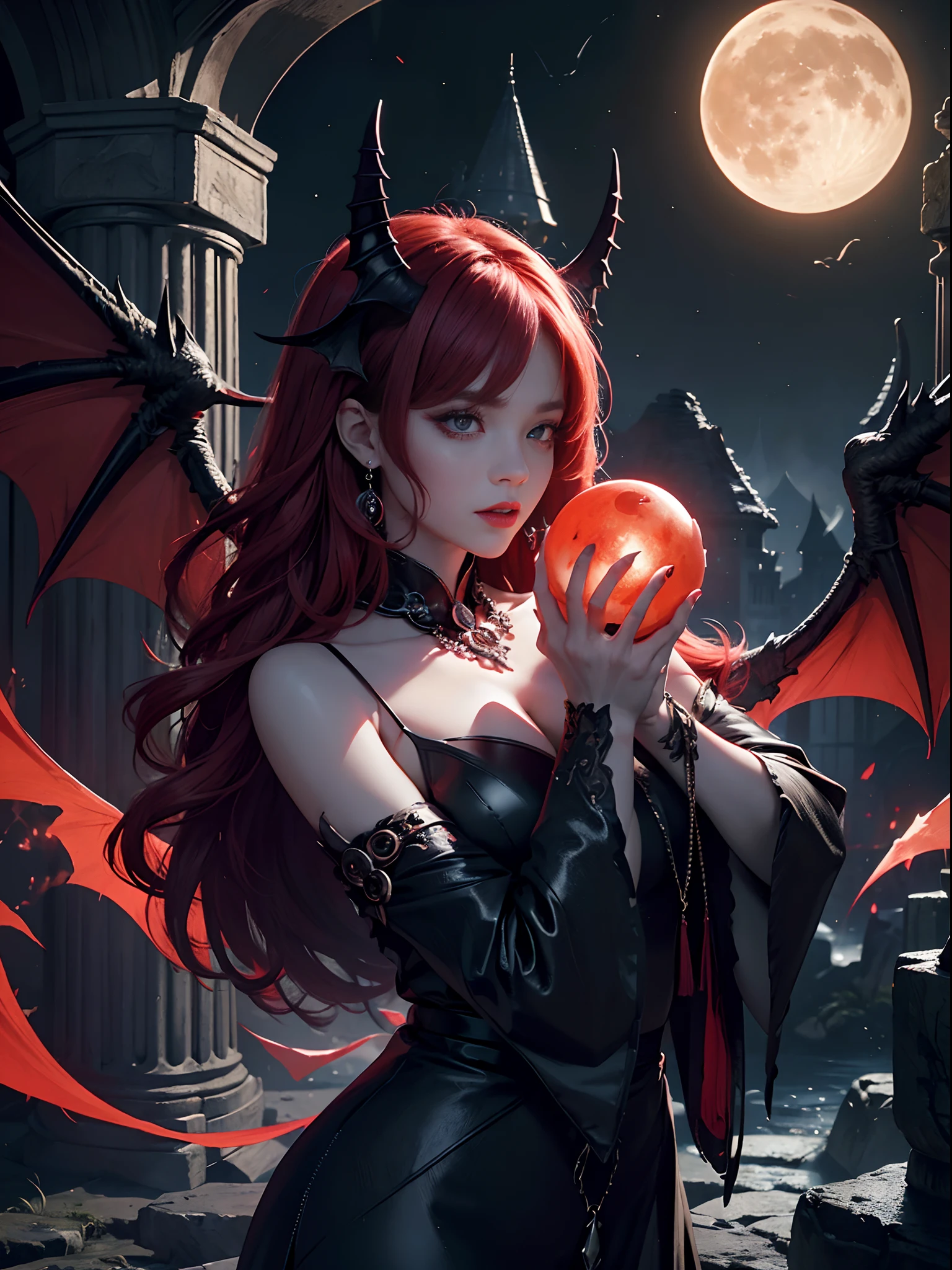 dark fantastic night , scary big castle at back , many bat , big red glowing fantastic moon , a few cliff , 2 cave far away at cliff , few stone , ruined columns , many magic bright stone around her , far away dragon at dark sky, horror scene , beautiful female devil , red magical very bright eyes , magical reddish glowing little orb in two hand at once , female devil staring at orb , dark big wings , ultra detailed face , (ultra detailed scene) , (ultra detailed orb) , (ultra beautiful face) , (ultra detailed moon) , (ultra detailed castle) , (ultra detailed hands) , (ultra detailed wings) blood splashed on body, pale face , dark red lip , black devil wear , shaped body , red magic around her , red mana twirling around