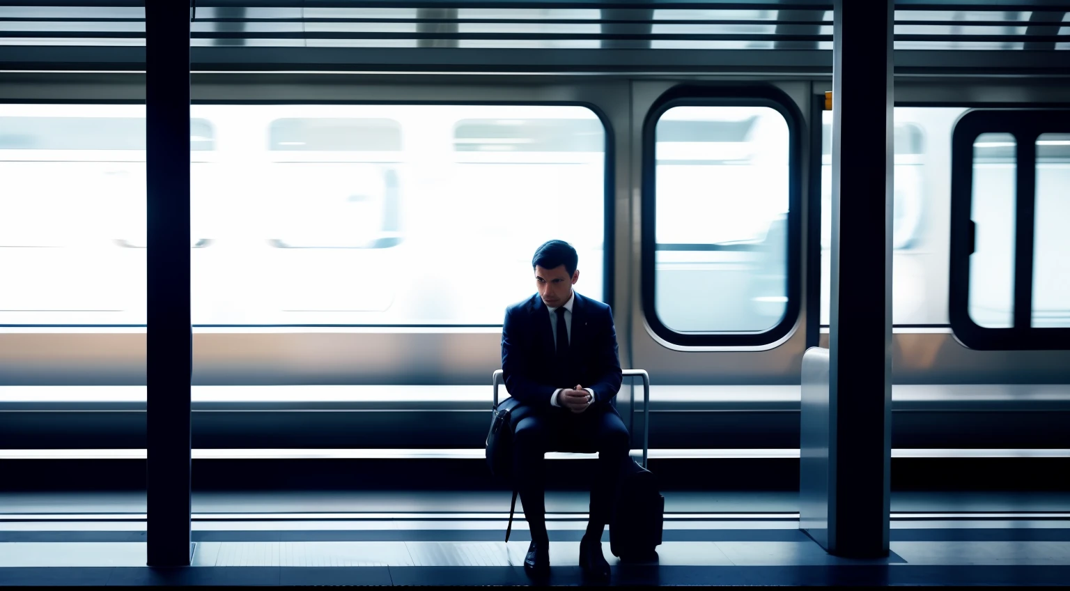 Illustrate a job seeker looking dejectedly at a departing train at the station, representando a perda de uma entrevista.