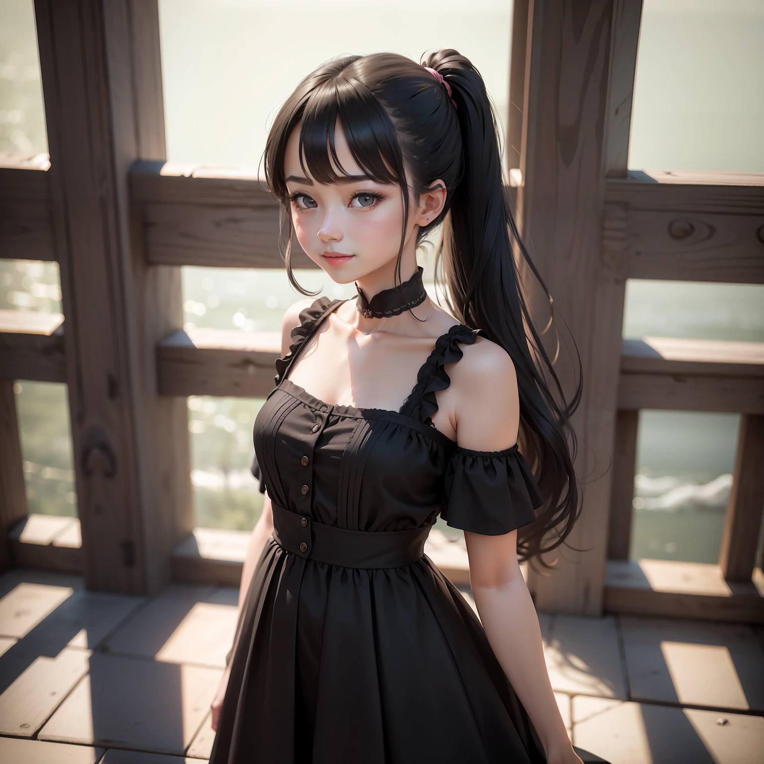 (8K,Best Picture Quality:1.2),(tmasterpiece:1.37),(photore,realisticlying:1.37),(超高分辨率),(shift dresses:1.2),(insanely details,blooms:1.5),(highest quality,4k),(simulating:1.2),(High- sharpness),(detailedpupils:1.1),detailed faces and eyes, tmasterpiece, best qualtiy, (Highly detailed photo:1.1), (longblackhair,pony tails), (Young woman:1.1), (perfect bodies:1.1), realisticlying, Real Shadow, 3d, Standing all over the bridge,Smile beckoning photography:Canan EOS R6, 135mm, 1/1250s, f/2.8, ISO 400