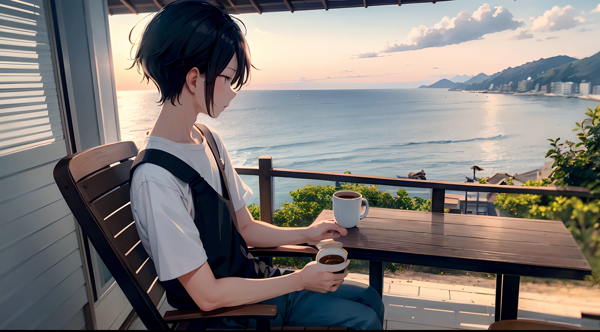 Sunny day at dusk、On a hill with a view of the sea、With a cute cat、While sitting in a rocking chair、White shirt and、Wearing black pants、Brew coffee while looking at the sea、Only one man with black hair and short cuts。