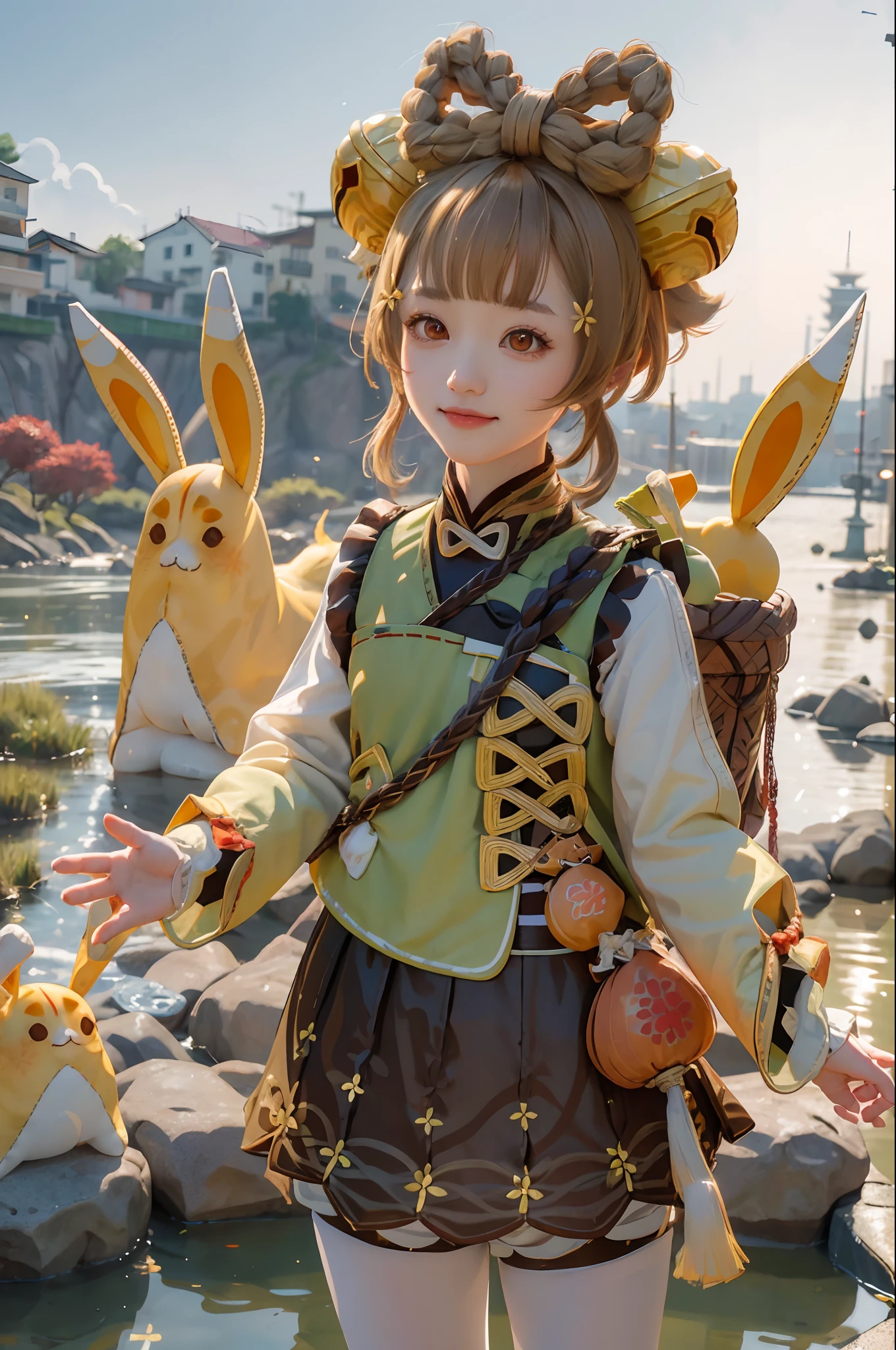 masutepiece, Best Quality, 8K分辨率、Raw photo、 Yaoyao \(GenshinImpact\), 1girl in,Hair Ornament,hair bell,Brown hair, Short hair,braid,Red Eyes,Long sleeves, chinese clothes, Dress,White pantyhose,greybackground, Simple background, Bag,stuffed animal, Smile