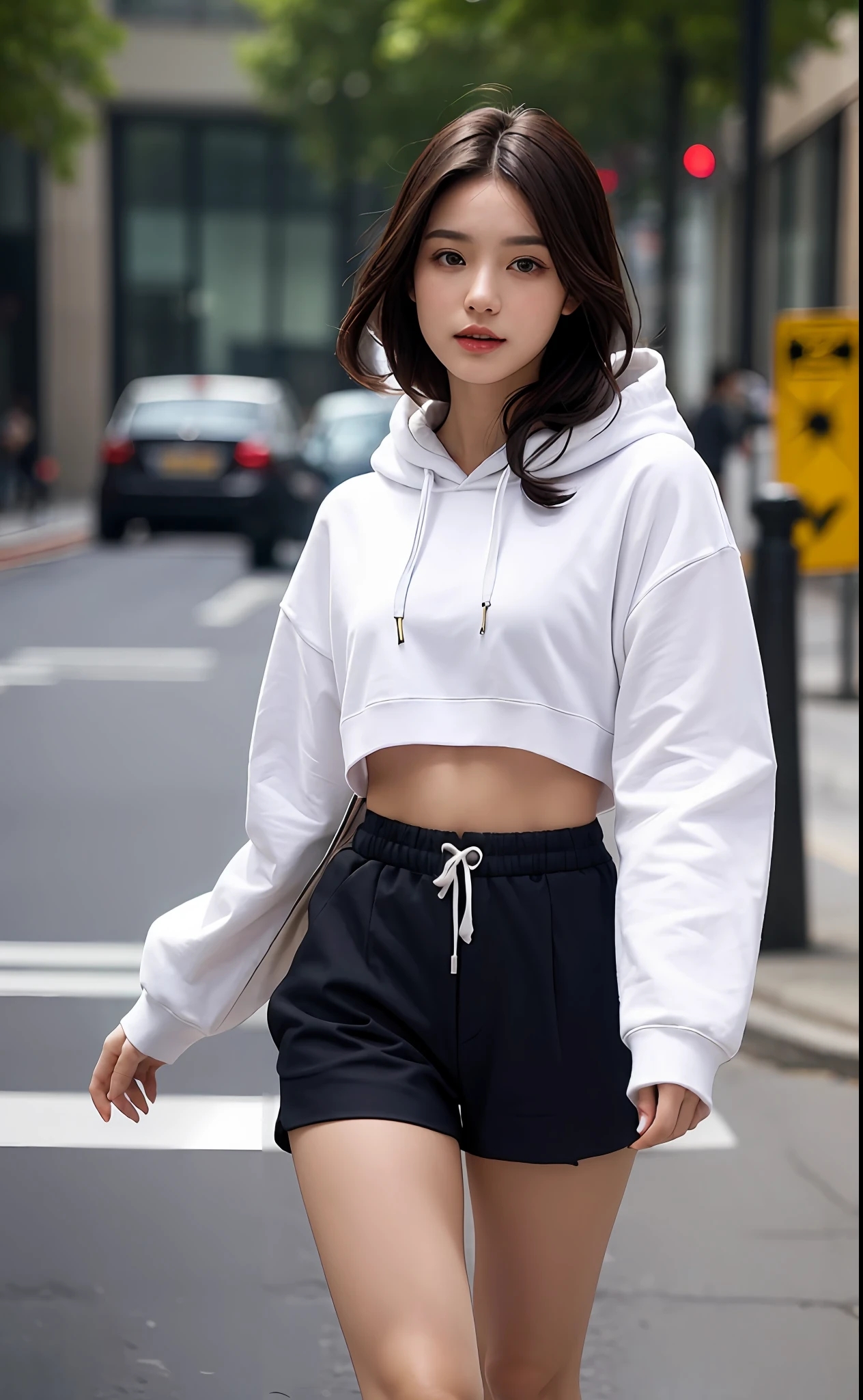 (tmasterpiece,realisticlying,A high resolution),((1girll):1.2),korean people,((White wavy hair):1.3),(heterochromatic eyes:1.1,Thick eyebrows,),(White showy hoodie,Black sports shorts),((mediuml breasts):1.2,Small waist,upper legs),Catwalk walk,Sateen,Get wet