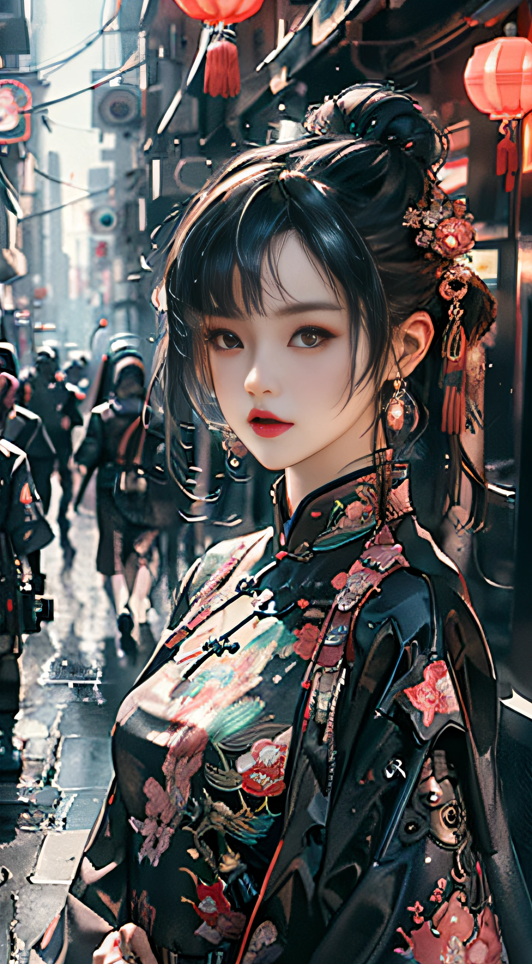 (Master Works :1.5), (Best picture quality :1.5), (Very Fine Detail, 8K, Wallpaper :1.3), Very Fine Detail, High contrast, Complex Detail, physics-based rendering, Best Composition, Whole body, Cyberpunk character Style, Dynamic Styling, 1 girl, Fine brown eyes, Eyeshadow, Makeup, long black hair, Detailed big eyes, looking at the audience, blush, full small lips, red lips, long hair :1.3, upper body, (standing), (Hair accessories :1.1), headwear, Chinese cheongsam, Cyberstyle Cheongsam, blue and pink cheongsam, (Cyberpunk Light :1.1), neon, all mechanical and futuristic elements, technology, the background is a traditional Chinese street, This street with no people, on the street with no people, paper lanterns, neon, Ultra high resolution, (Slim:1.2), dramatic lighting, vibrant detail, Deluxe Cyberpunk, Complex background, octane render, 8k, best quality, masterpieces, illustrations, extremely delicate and beautiful, Very detailed, CG, wallpaper, (realistic, realistic :1.37), Amazing, fine detail, masterpiece, best quality, official art, (Natta :1.5) cowboy shot