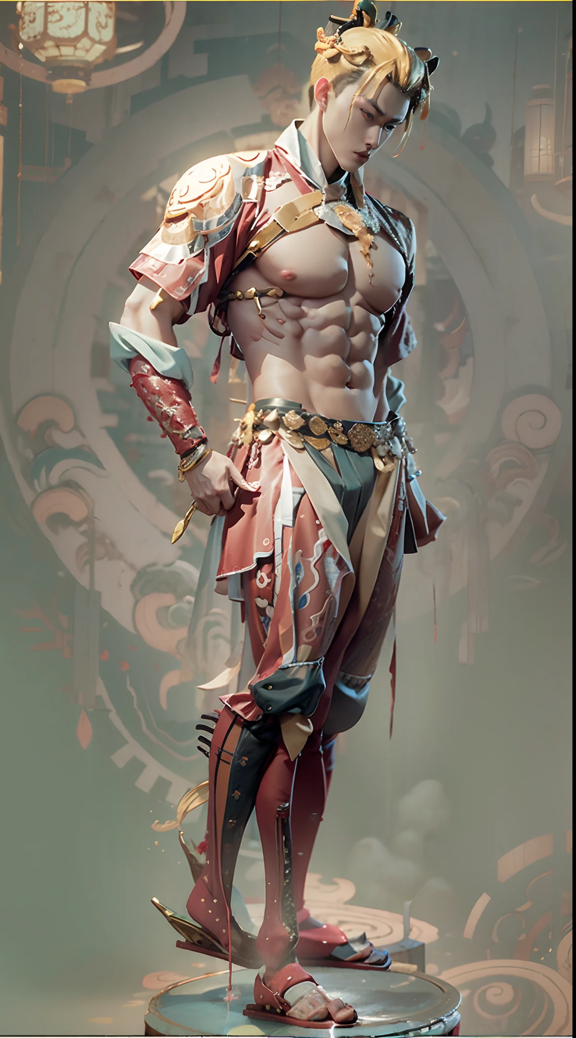 Model design，Character design，Tide play blind box，3D naked man，GK, The whole body of the character，base，Wu Shixun，Raised sexy，（A combination of human and animal specialization），Handsome，musculous