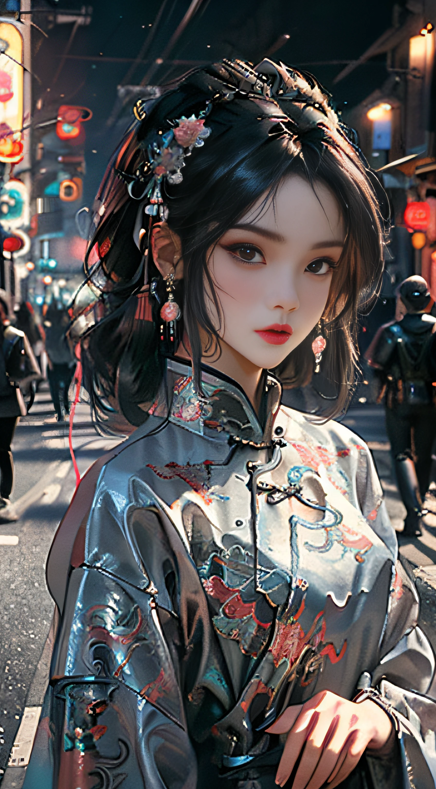 (Master Works :1.5), (Best picture quality :1.5), (Very Fine Detail, 8K, Wallpaper :1.3), Very Fine Detail, High contrast, Complex Detail, physics-based rendering, Best Composition, Whole body, Cyberpunk character Style, Dynamic Styling, 1 girl, Fine brown eyes, Eyeshadow, Makeup, long black hair, Detailed big eyes, looking at the audience, blush, full small lips, red lips, long hair :1.3, upper body, (standing), (Hair accessories :1.1), headwear, Chinese cheongsam, Cyberstyle Cheongsam, blue and pink cheongsam, (Cyberpunk Light :1.1), neon, all mechanical and futuristic elements, technology, the background is a traditional Chinese street, This street with no people, on the street with no people, paper lanterns, neon, Ultra high resolution, (Slim:1.2), dramatic lighting, vibrant detail, Deluxe Cyberpunk, Complex background, octane render, 8k, best quality, masterpieces, illustrations, extremely delicate and beautiful, Very detailed, CG, wallpaper, (realistic, realistic :1.37), Amazing, fine detail, masterpiece, best quality, official art, (Natta :1.5) cowboy shot