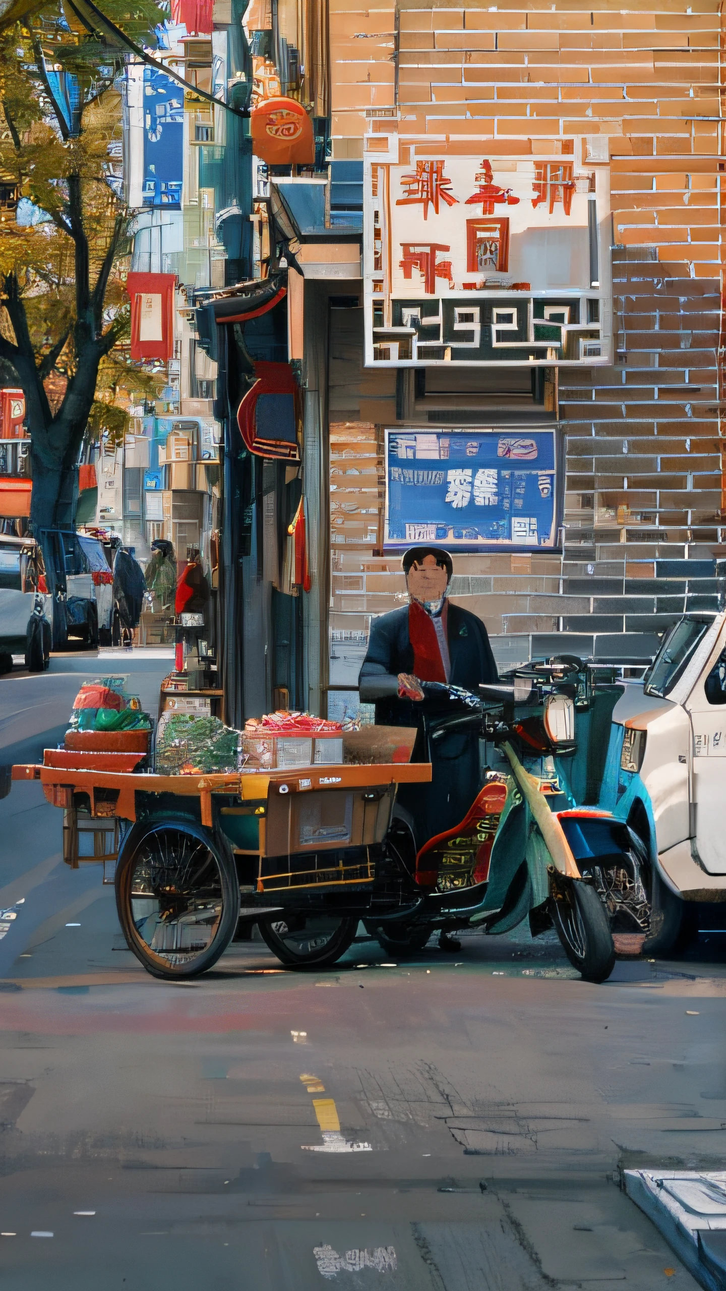 There was a man standing next to a cart,There was a bike, street vendors, golden hour in beijing, in a city street, Chinese woman, street photos, street photos, Color film street photography, selling his wares, Have on the street, chinese artist, in a narrow chinese alley, in city street, Have on the street, baotou china, Street scene