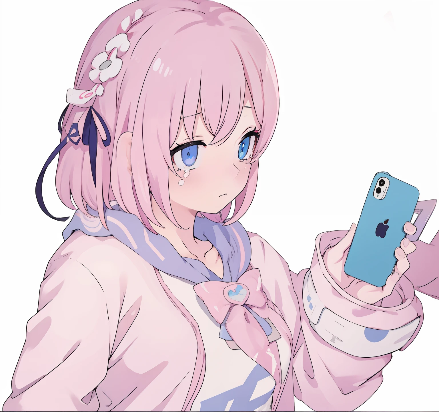 anime girl, short pink hair, blue eyes , pink hoodie, choker, using a phone, crying, white background