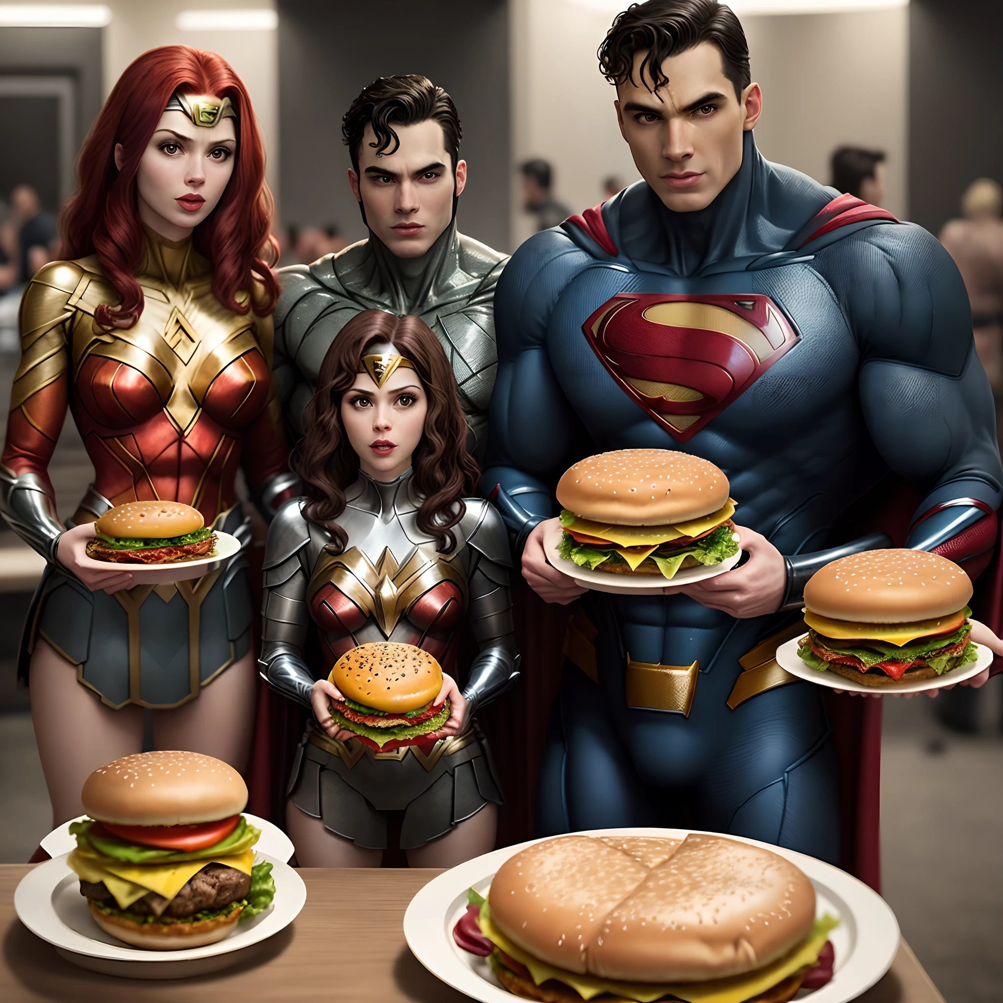 All the superheroes in the Justice League movie eating hamburger, alta qualidade!