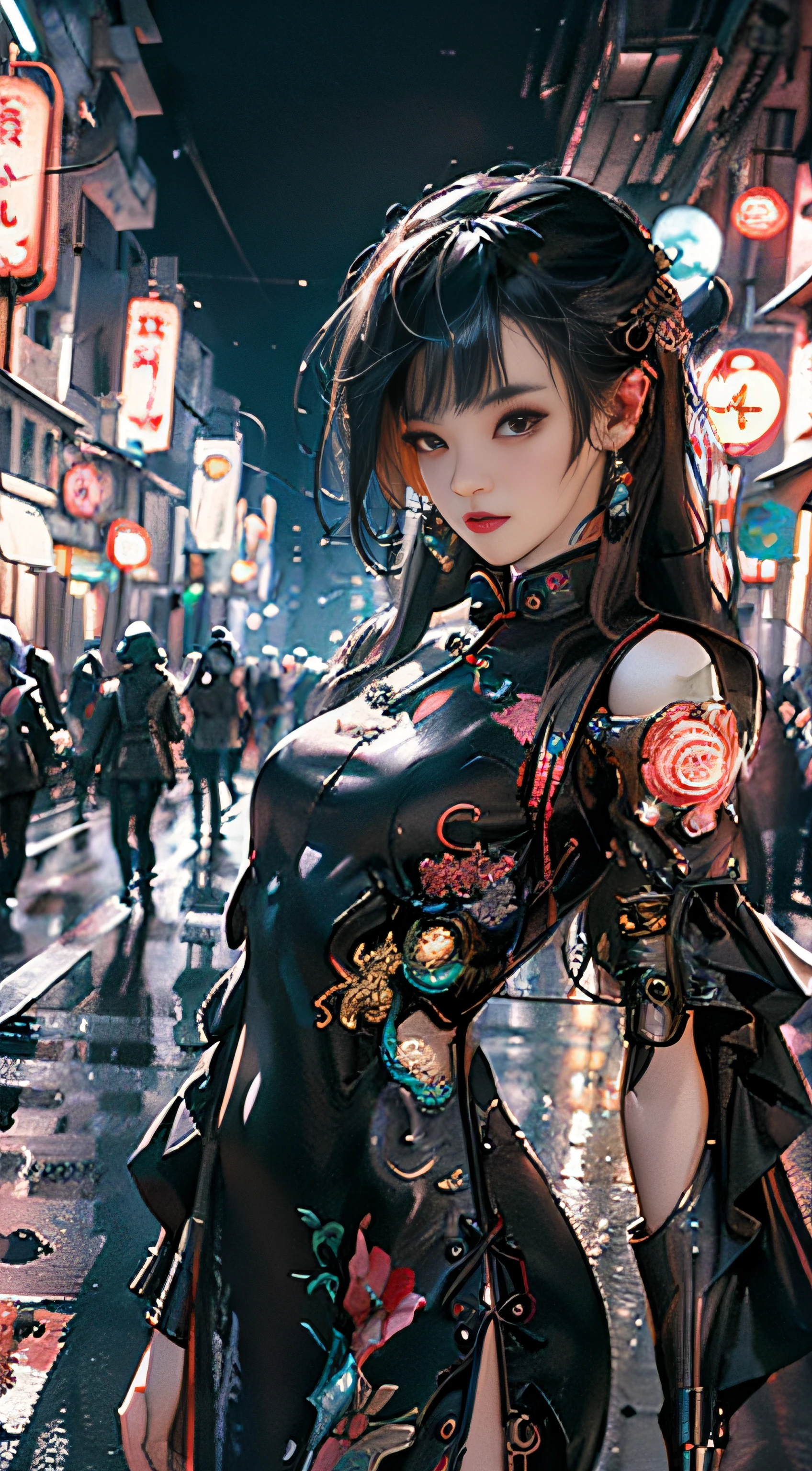 (Master Works :1.5), (Best picture quality :1.5), (Very Fine Detail, 8K, Wallpaper :1.3), Very Fine Detail, High contrast, Complex Detail, physics-based rendering, Best Composition, Whole body, Cyberpunk character Style, Dynamic Styling, 1 girl, Fine brown eyes, Eyeshadow, Makeup, long black hair, Detailed big eyes, looking at the audience, blush, full small lips, red lips, long hair :1.3, upper body, (standing), (Hair accessories :1.1), headwear, Chinese cheongsam, Cyberstyle Cheongsam, blue and pink cheongsam, (Cyberpunk Light :1.1), neon, all mechanical and futuristic elements, technology, the background is a traditional Chinese street, This street with no people, on the street with no people, paper lanterns, neon, Ultra high resolution, (Slim:1.2), dramatic lighting, vibrant detail, Deluxe Cyberpunk, Complex background, octane render, 8k, best quality, masterpieces, illustrations, extremely delicate and beautiful, Very detailed, CG, wallpaper, (realistic, realistic :1.37), Amazing, fine detail, masterpiece, best quality, official art, (Natta :1.5) cowboy shot
