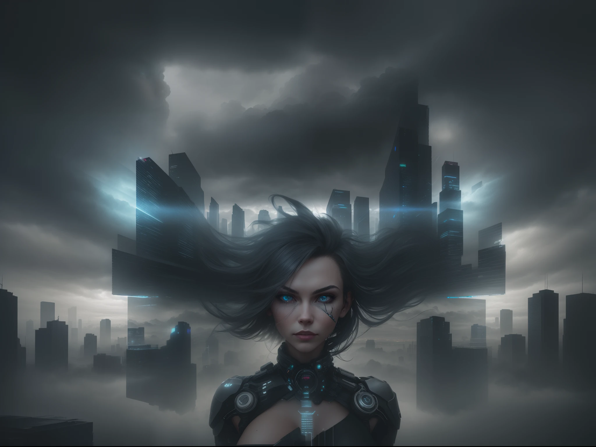 cyberpunk [foggy cityscape in the distance : very pretty girl, city:0.33] immersed in a giant flow of wind, living in a thunder cloud, behind the cloud, (double exposure:1.3), photo by Brandon Woelfelmist, surreal dream, gray atmosphere, rainy day, dynamic, lut, hdr