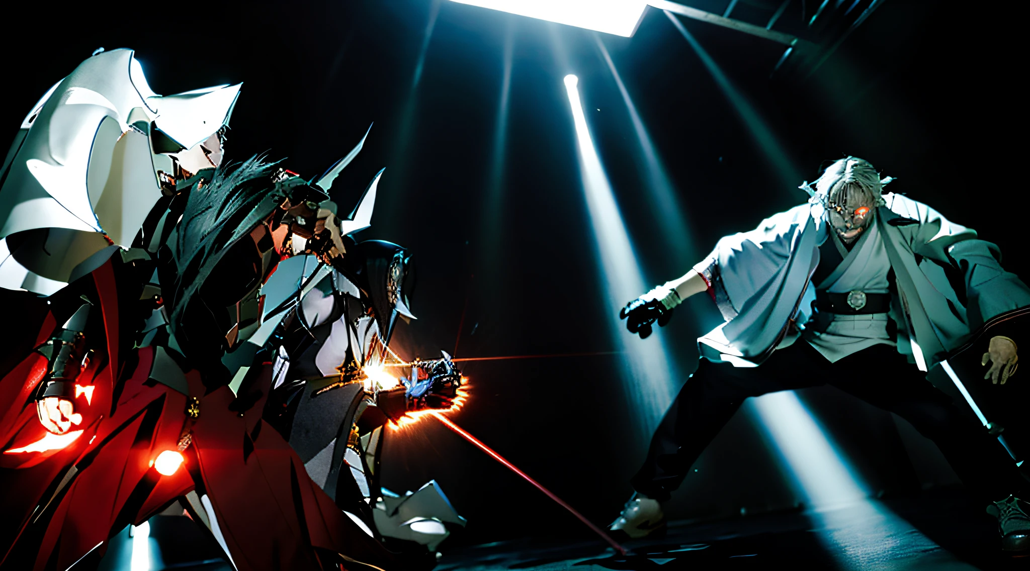 Anime characters in a dark room,Light shines down, anime fight, inspired by Baiōken Eishun, inspired by Uragami Gyokudō, facing off in a duel, Epic anime style, official fanart, inspired by Kawabata Ryūshi, Fist fighting demons, Hajim doesn't have an IPO box battle backlit