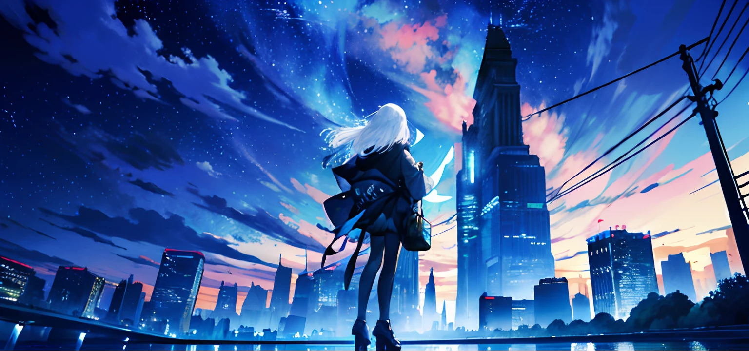 ((best quality)), ((masterpiece)), ((ultra-detailed)), (illustration), (detailed light), (an extremely delicate and beautiful), sky, star (sky), starry sky, scenery, outdoors, 1girl, crescent moon, cloud, night, fashionable clothes, bag, night sky, sign, big city building, standing,long hair, solo, white hair, facing away, power lines, utility pole,full body, black legwear,