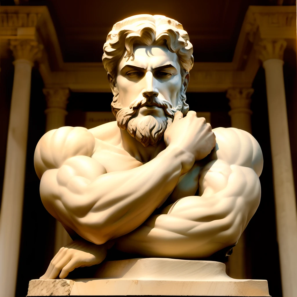 greek statue
of the philosopher with
 beard and muscles
