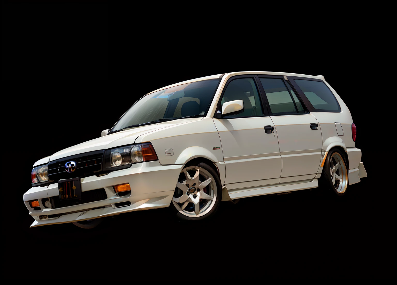 arafed white car with a black background, toyota cresta, full car, lowshot, a wide full shot, front side full, vehicle photography, tunning, full body wide shot, low shot, wide long shot, full view of a car, wide body, - s 1 5 0, 90s japan, 3 / 4 extra - wide shot